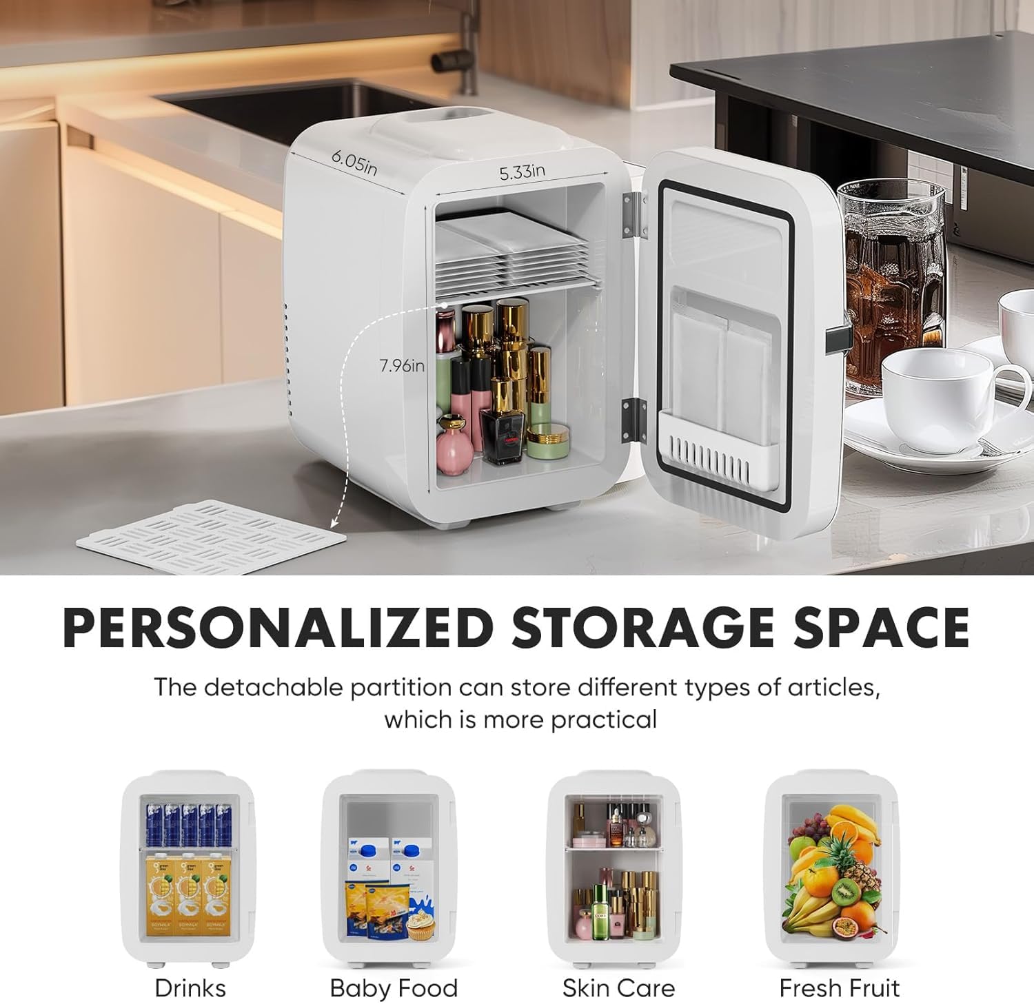 Sweetcrispy Mini Portable 4L/6 Can Compact Refrigerator - Cooler & Warmer for Skincare, Drinks, Cosmetics | Marble Ivory Design | Perfect for Bedroom, Office, Dorm & Travel