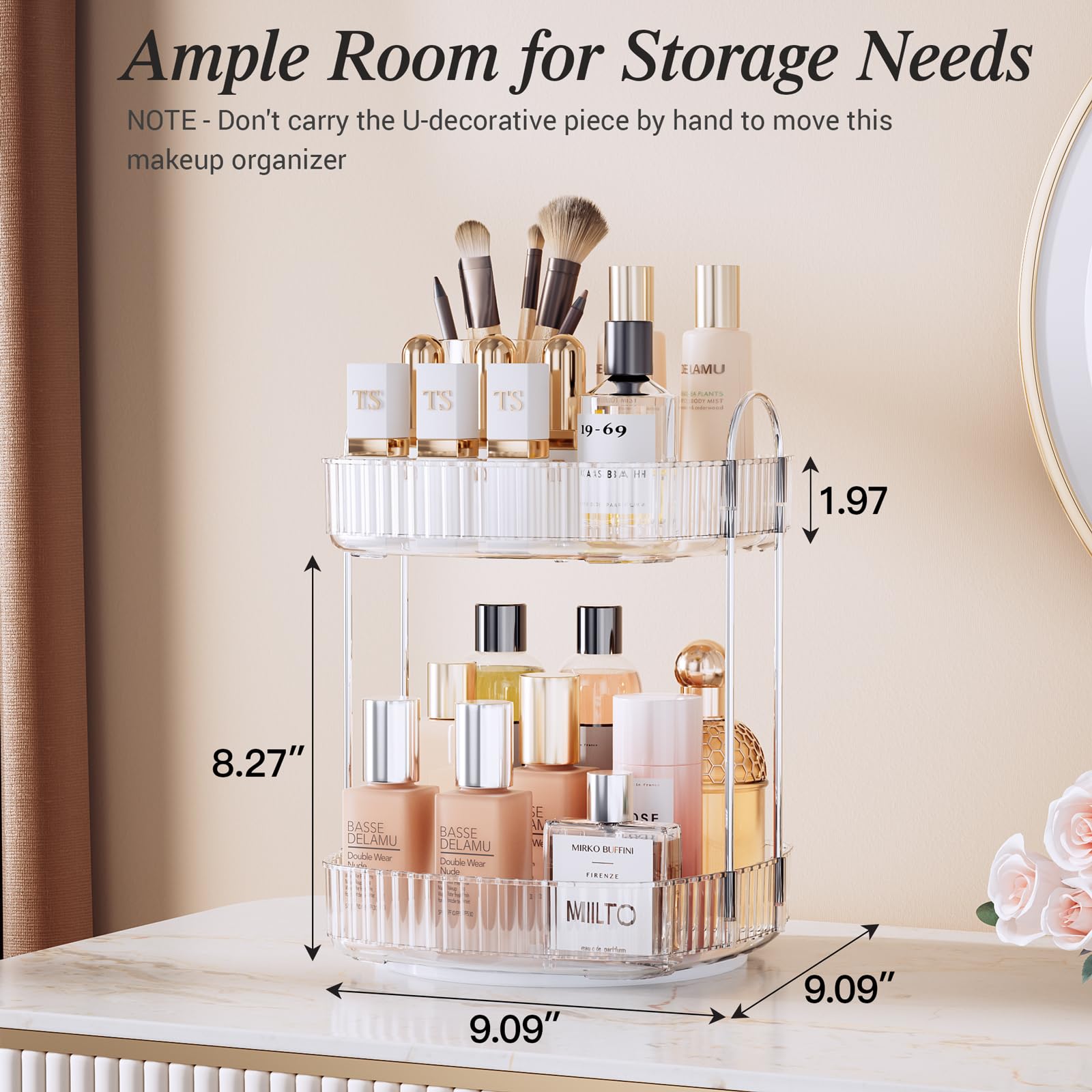 Delamu 2-Tier Rotating Makeup Organizer - Large Capacity Countertop Storage for Cosmetics, Skincare & Perfume | Clear Acrylic Bathroom Vanity Organizer for Dresser, Bedroom & Bathroom Counter | Perfect for Daily Beauty Routine & Space Saving Organization