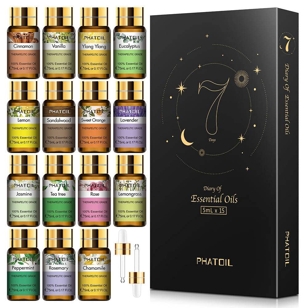 15-Piece NC Pure Essential Oils Set - Natural Plant Aromatherapy Oils (Eucalyptus, Vanilla, Mint, Lavender, Rose, Tea Tree) for Diffusers, Massage & Relaxation - Perfect for Home Spa, Yoga & Stress Relief