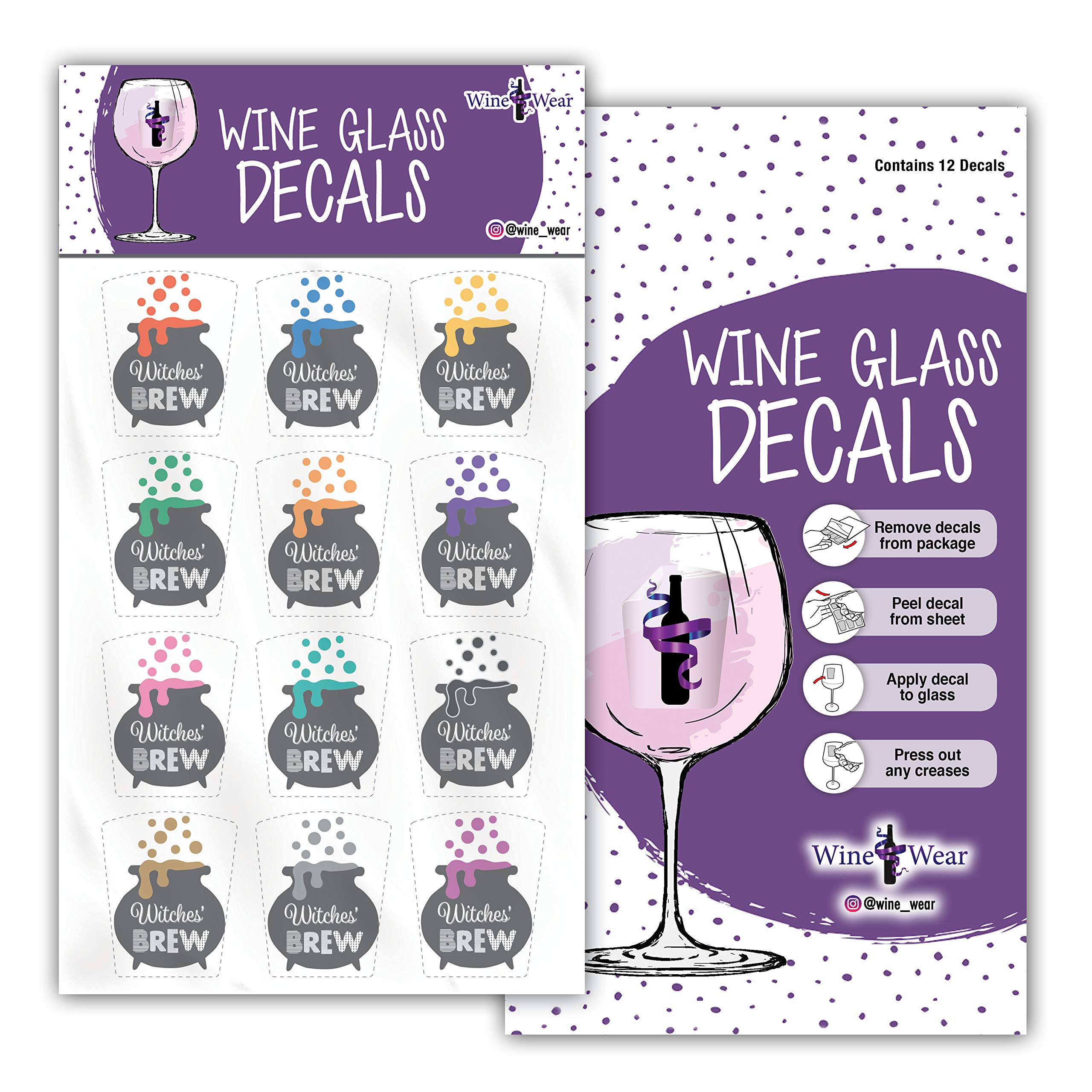 12-Piece Halloween Drink Markers - Reusable Static Cling Sticker Decals (Witches Brew) for Party Cups, Wine Glasses & Beverage Labeling