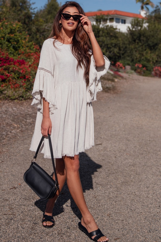 Beige Raw Edge Bell Sleeve Babydoll Dress for Women - Boho Chic Lace Trim Mini Dress - Perfect for Summer, Beach, Music Festivals & Date Nights