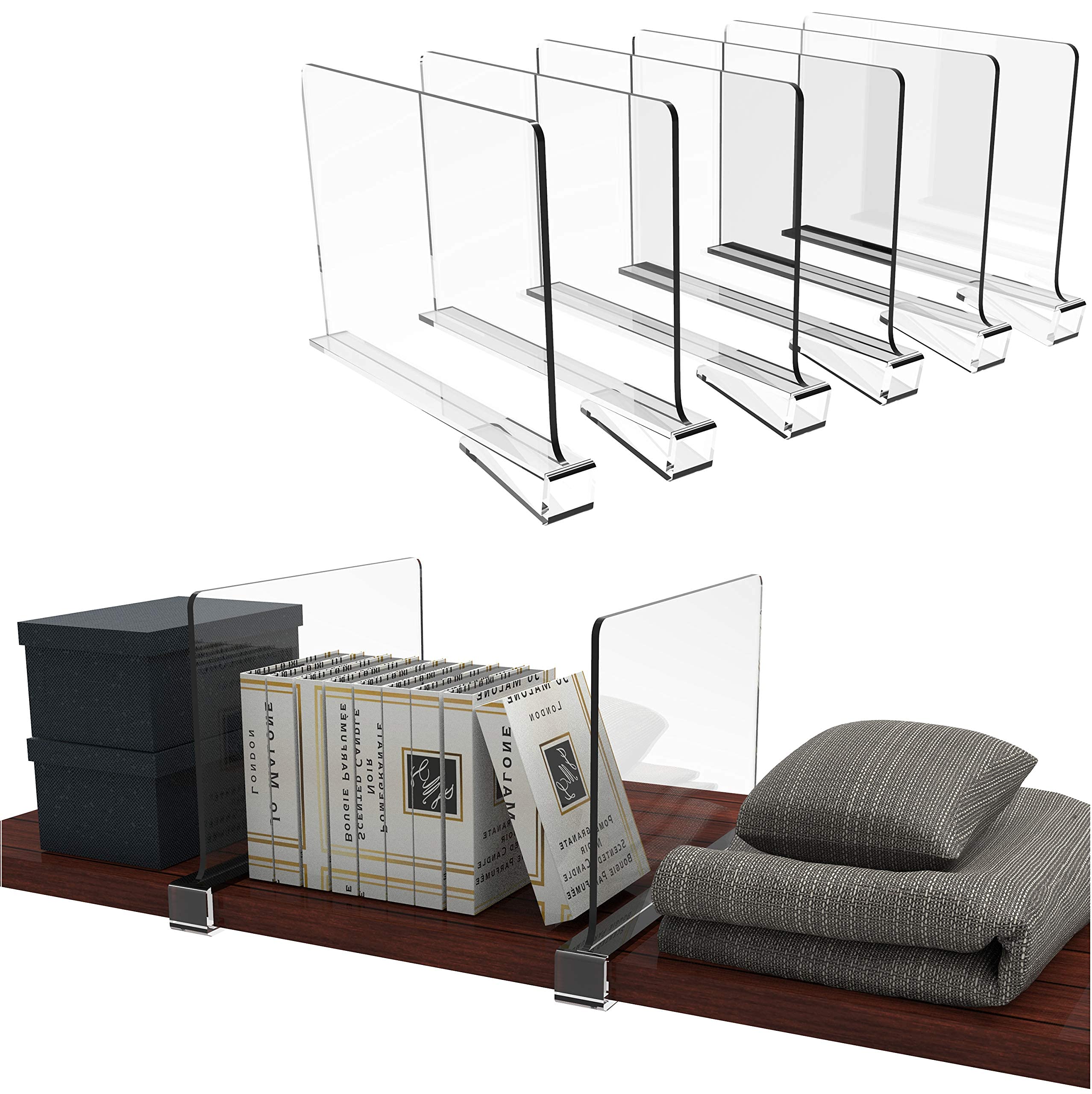 Clear Acrylic Closet Shelf Dividers - 6 Pack Wood Shelf Organizer for Purses, Clothes & Sweaters | Perfect for Bedroom, Kitchen & Closet Storage | Space-Saving Handbag & Clothing Separator