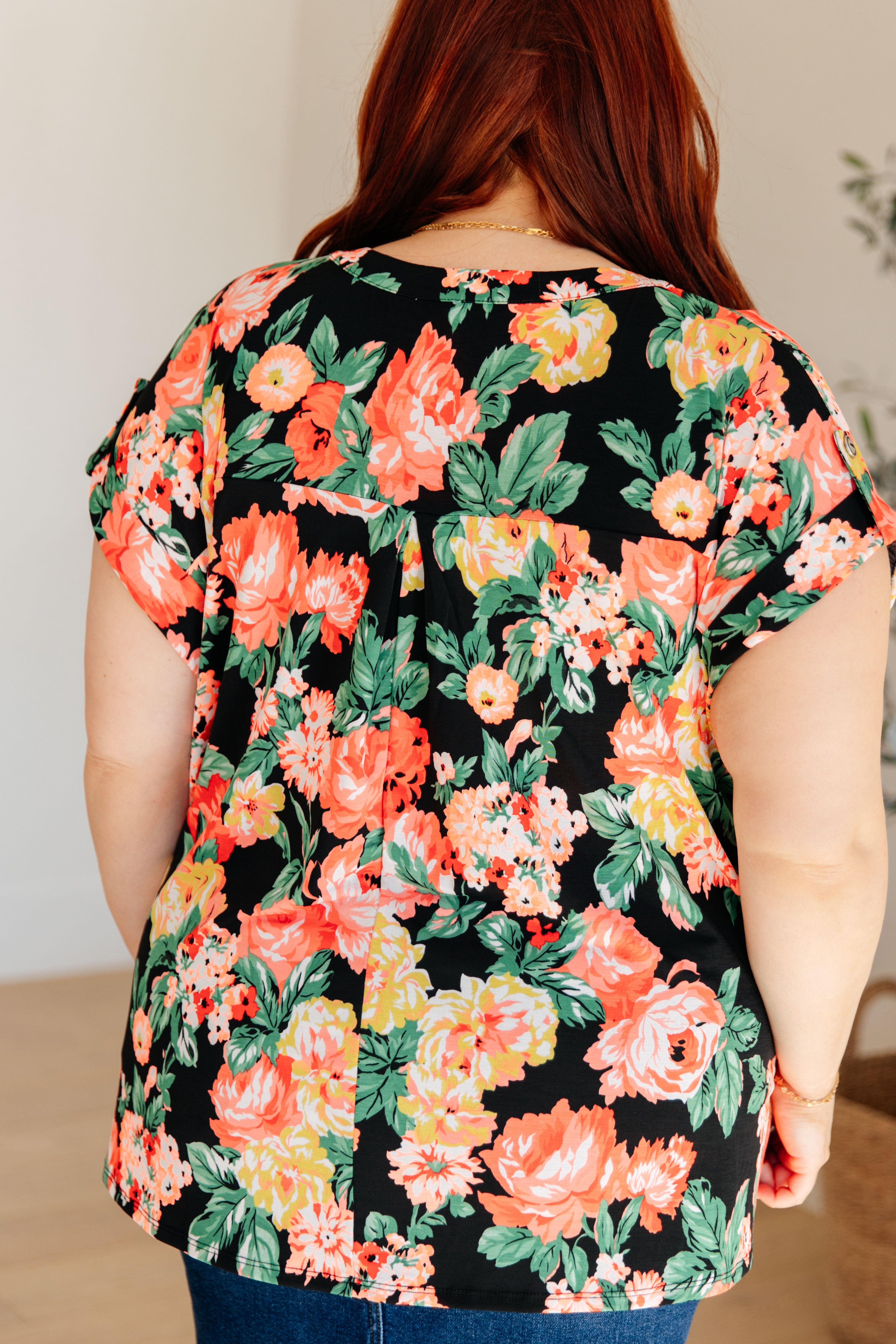 Lizzy Cap Sleeve Top - Black Garden Floral Print Women's Blouse | Perfect for Spring Outfits, Date Nights & Office Wear