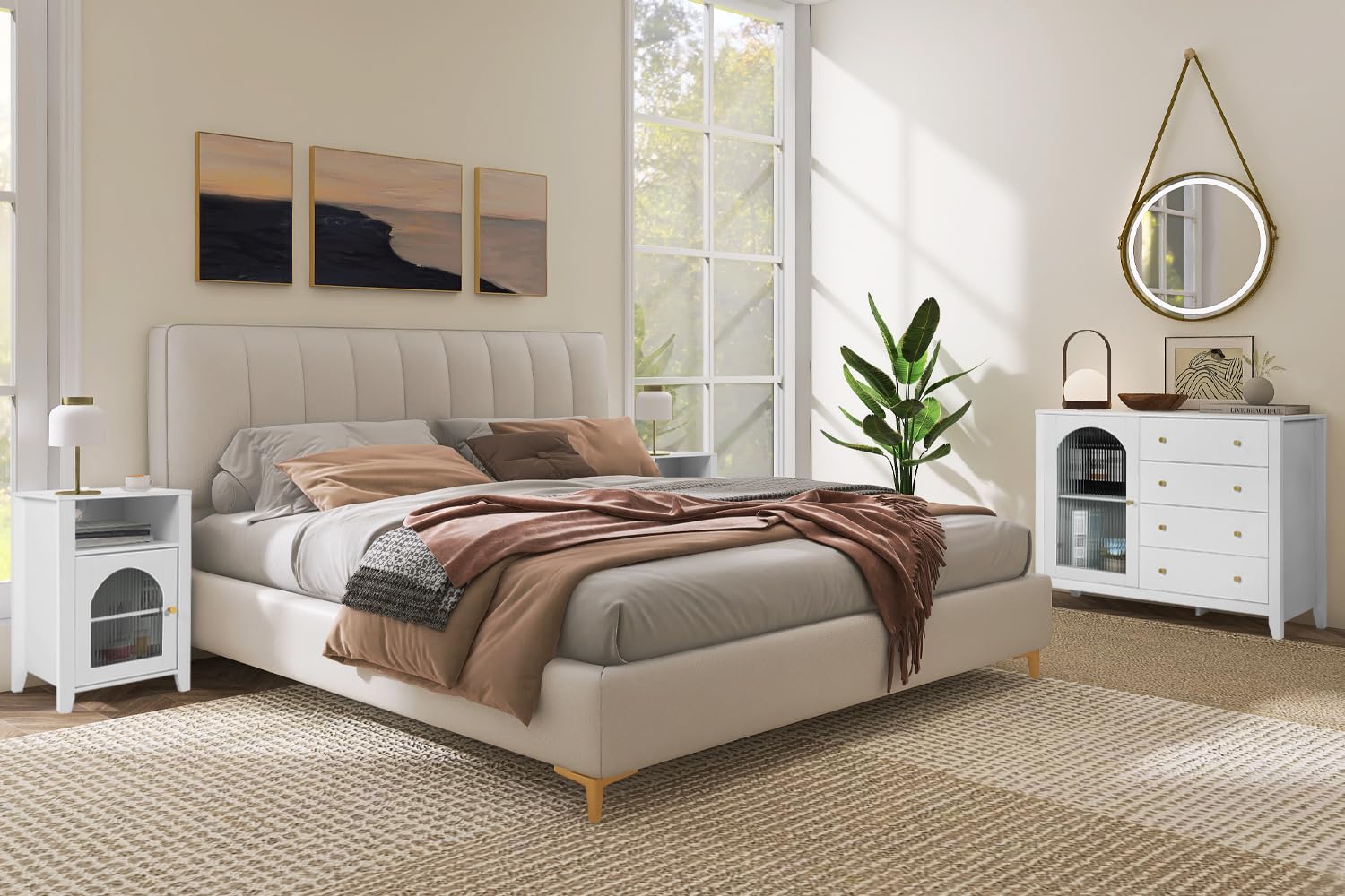 ENSTVER 3-Piece White Bedroom Set with Dresser & Nightstands - 4-Drawer Fluted Glass Door Chest & USB Charging Nightstands | Modern Bedroom Furniture for Master Bedroom, Guest Room, or Apartment