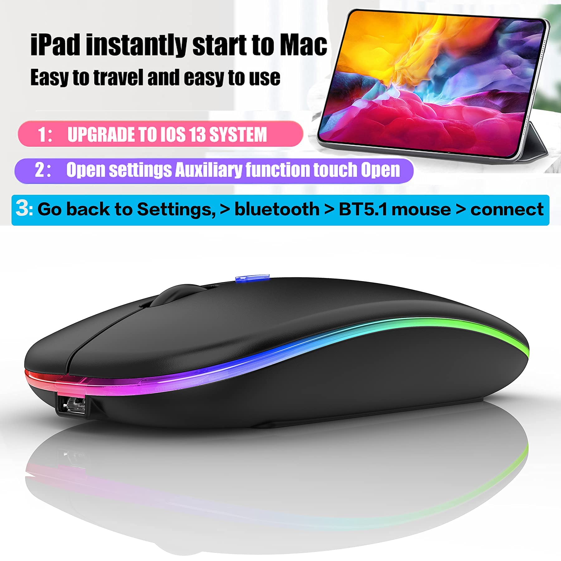 Wireless Bluetooth Mouse for Laptop, MacBook, iPad, PC - Compatible with MacBook Air/Pro, Windows, Chromebook & Desktop Computers - Ergonomic Design with LED Light (Black) - Perfect for Office, Home & Travel Use