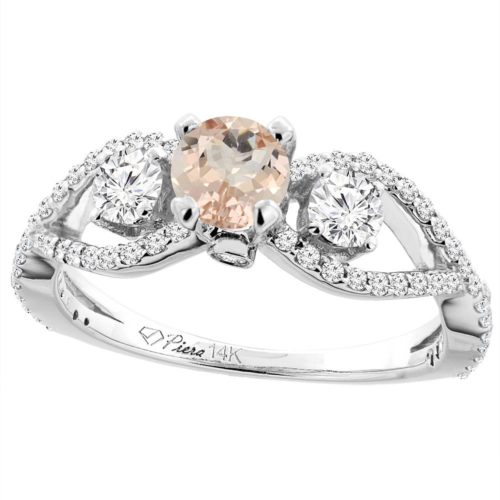 14K White Gold Natural Morganite & Diamond Ring - 6mm Round Cut, Size 5-10 | Elegant Engagement, Wedding, Anniversary Gift for Her