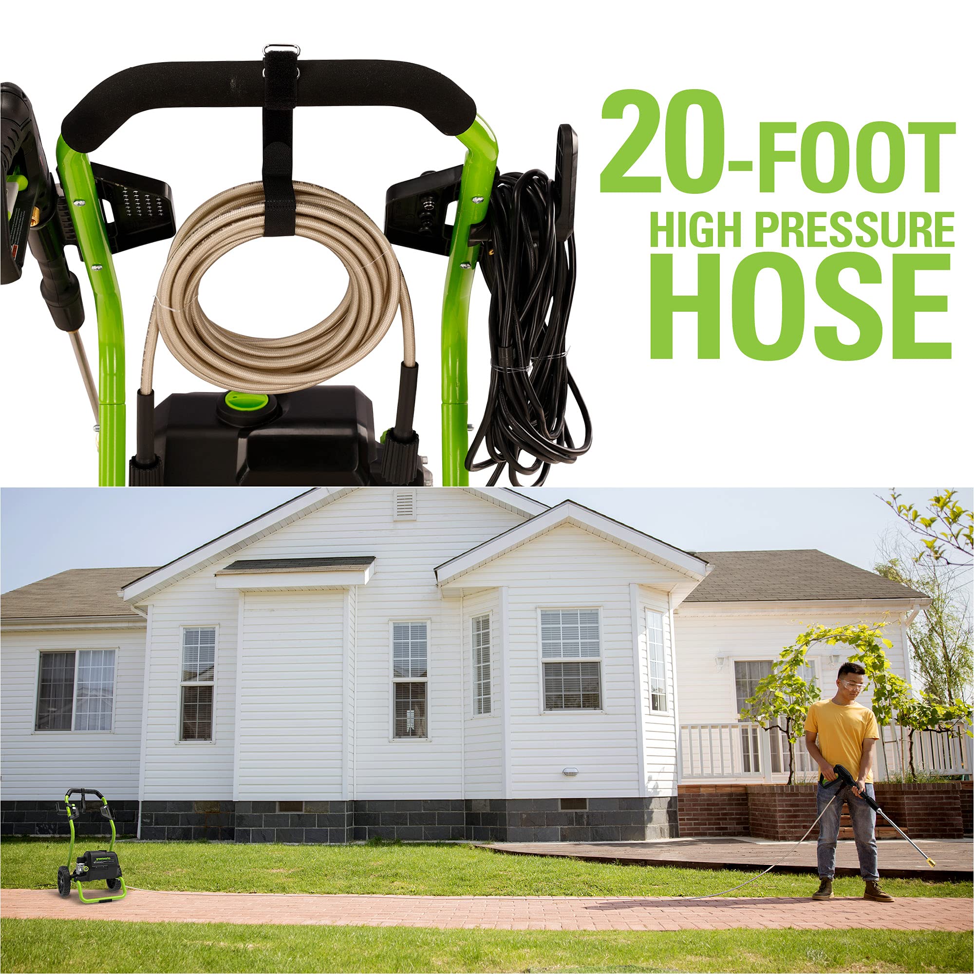 Greenworks 2000 PSI 13 Amp Electric Pressure Washer with Wheels, 20 FT Hose & 35 FT Power Cord - Perfect for Cleaning Cars, Fences, Patios, Driveways, Decks & Outdoor Surfaces