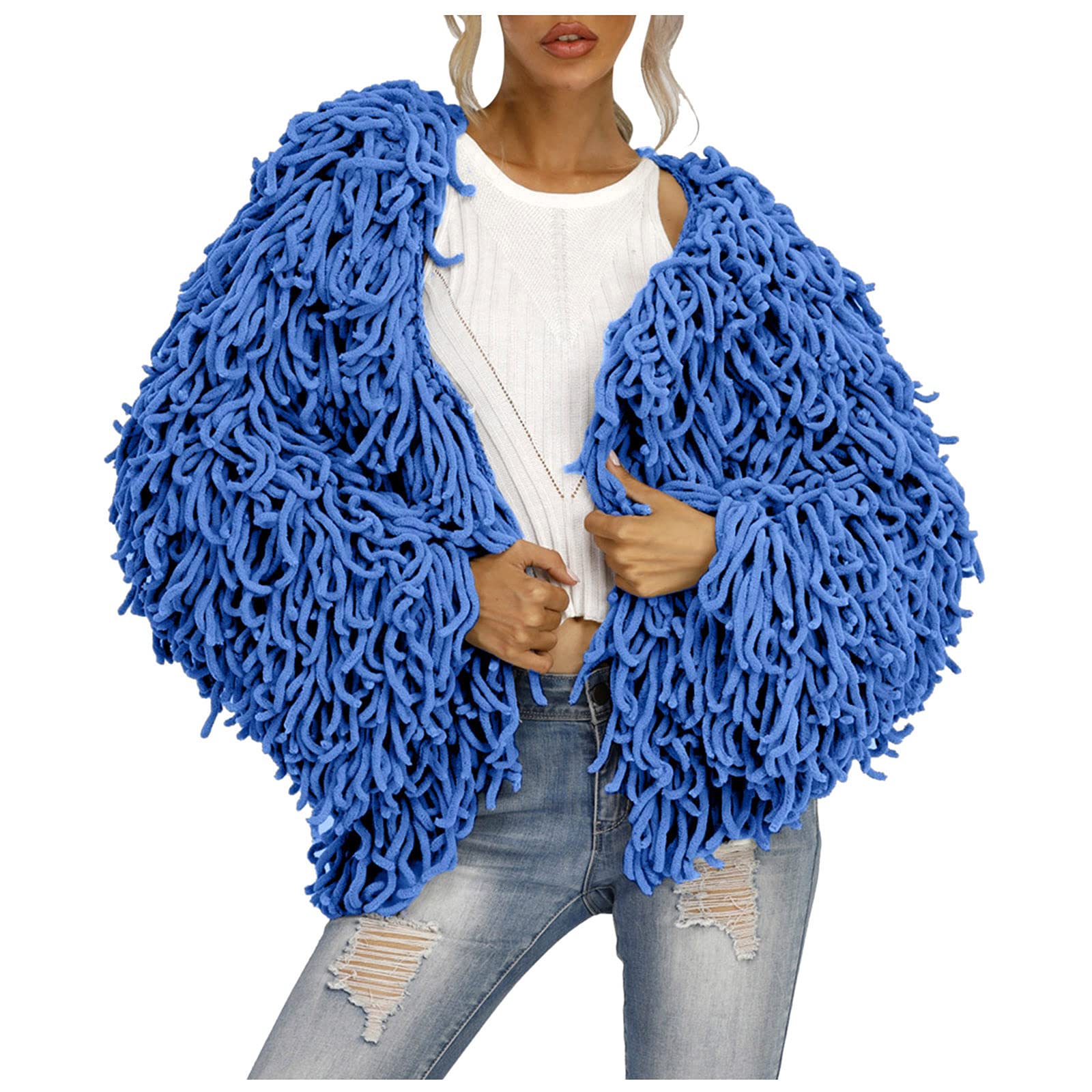 Women's Fringed Sweater Jacket - Personalized Woven Hollow Solid Color Cardigan - Fashion Casual Fuzzy Coat (White) - Perfect for Fall Layering, Date Nights & Cozy Office Wear