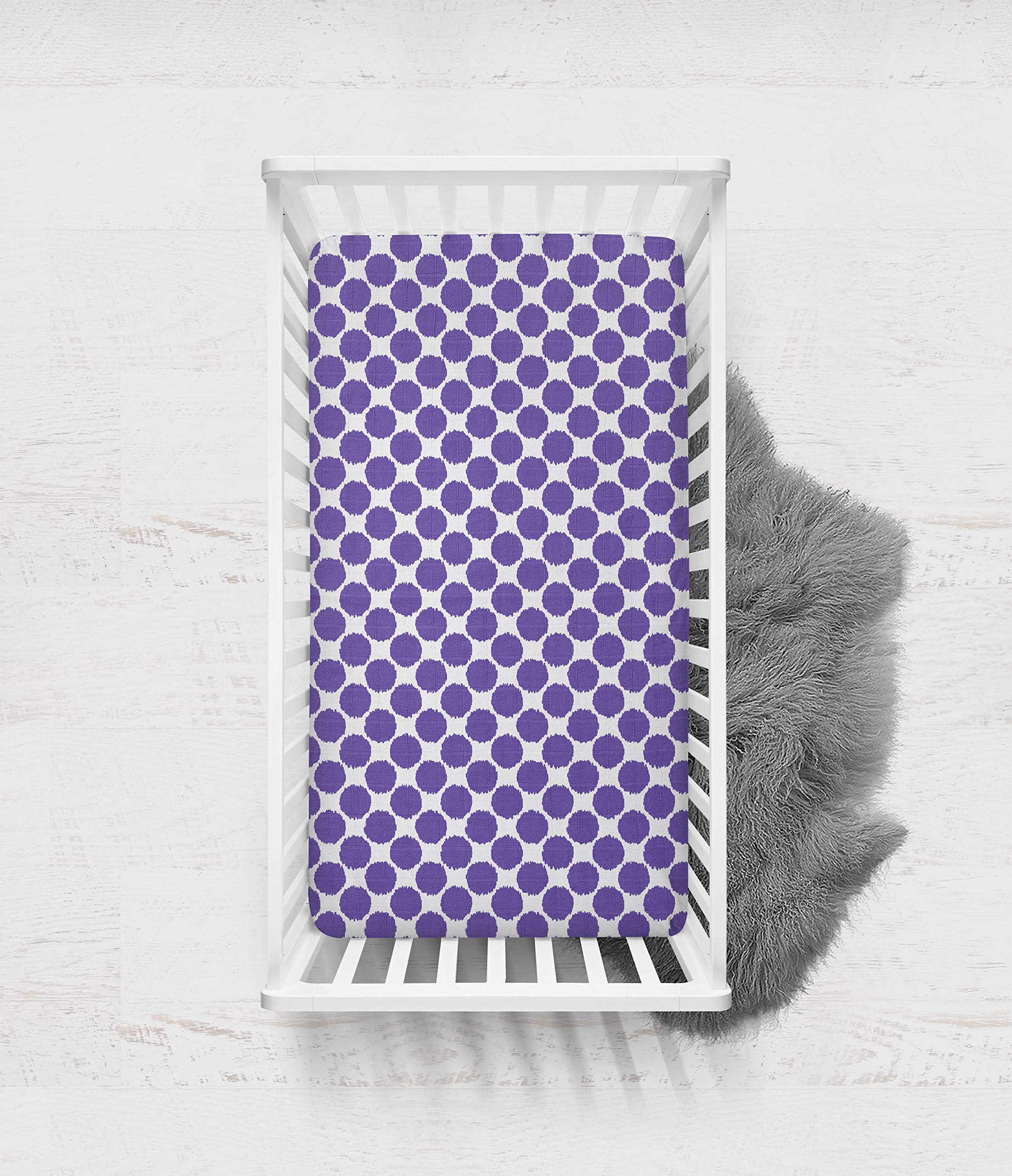 Bacati - 2 Pack 100% Cotton Muslin Crib Sheets for Girls, Ultra Soft & Breathable, Fits Standard 28x52x5 Crib & Toddler Mattress (Ikat Dots Purple) - Perfect for Nursery, Daycare & Travel
