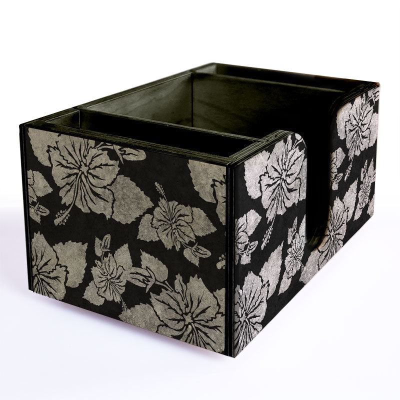 Rustic Black Hibiscus Wooden Bar Caddy - Organizer for Wine Bottles, Glasses & Bar Tools - Perfect for Home Bars, Parties & Entertaining