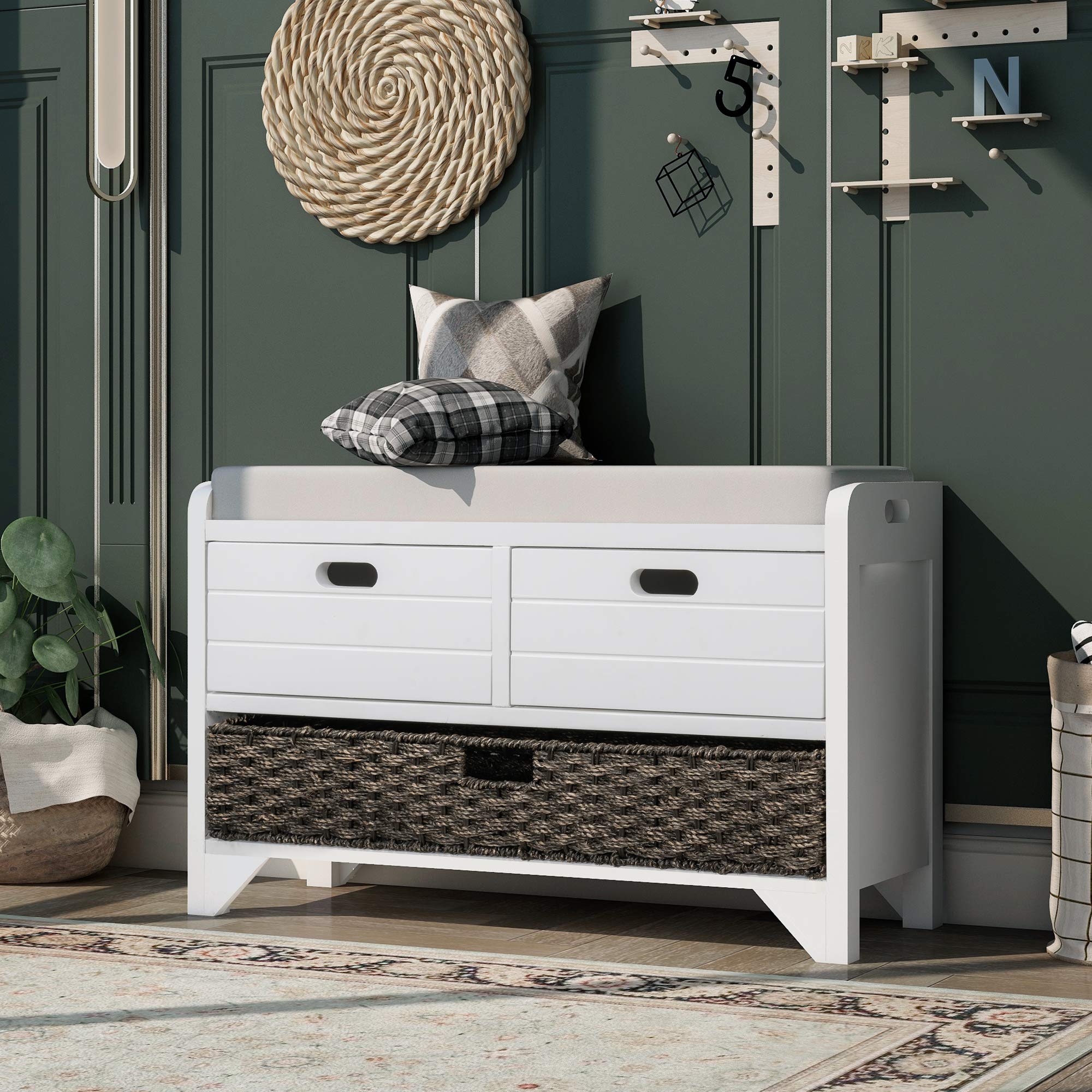Farmhouse Shoe Bench with Storage - White Entryway Organizer for Hallway