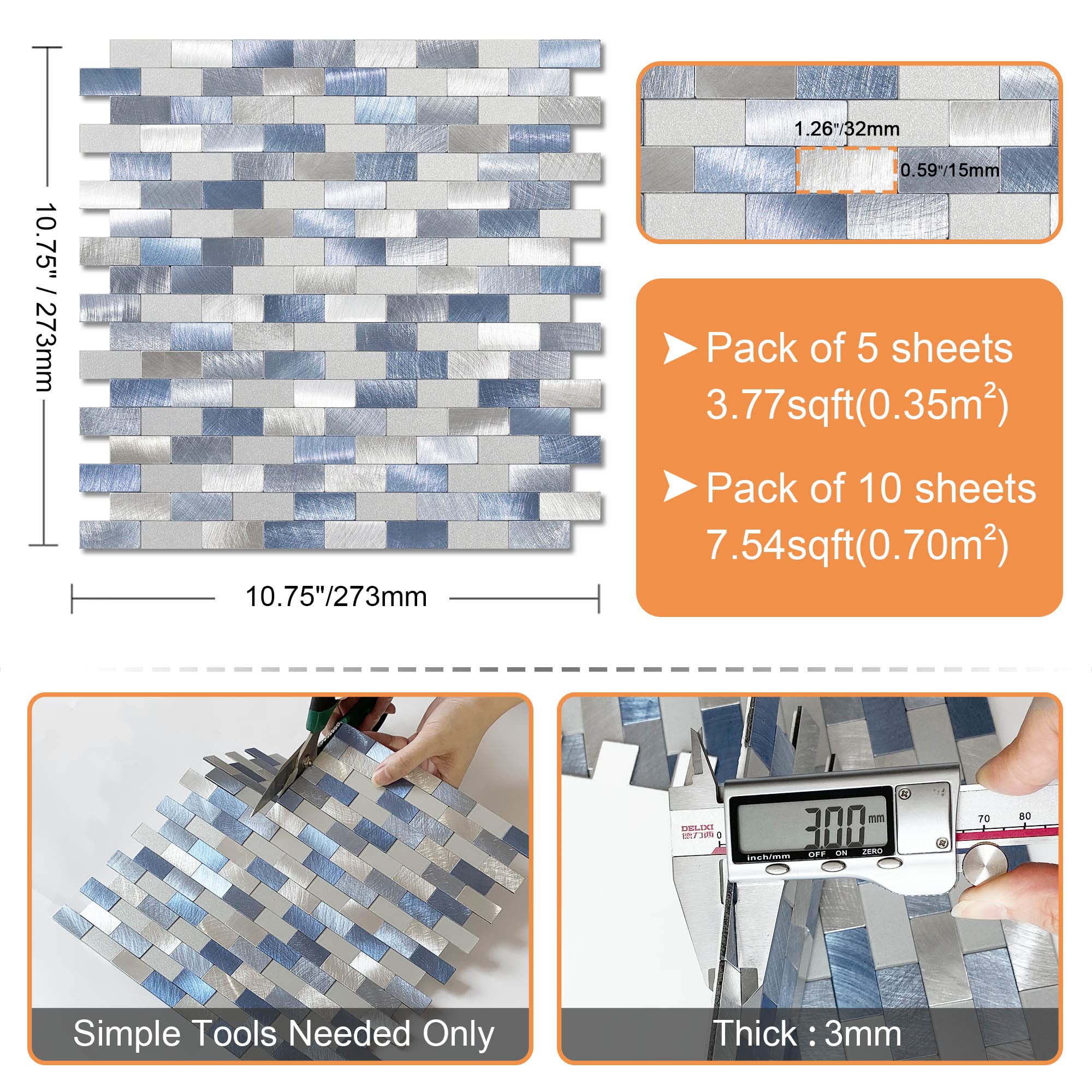 VAOVI Peel and Stick Backsplash Tiles - Waterproof Self-Adhesive Wall Stickers for Kitchen & Bathroom (5 Tiles, Blue) | Easy DIY Home Decor for Backsplashes, Accent Walls & Rental Upgrades