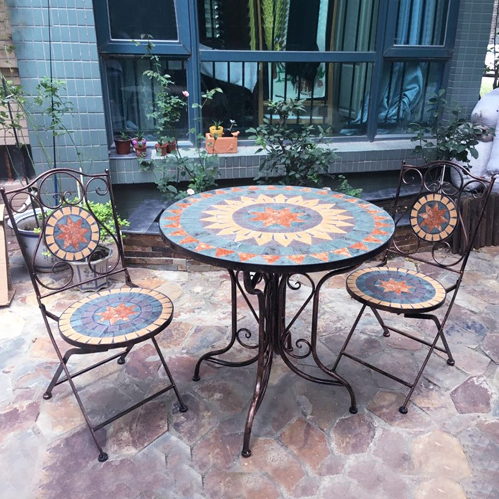 DHYBDZ Bronze Round Bistro Table Set with Mosaic Top - Outdoor Patio Dining Furniture for Garden, Backyard, Balcony & Poolside - Perfect for Al Fresco Meals and Relaxing