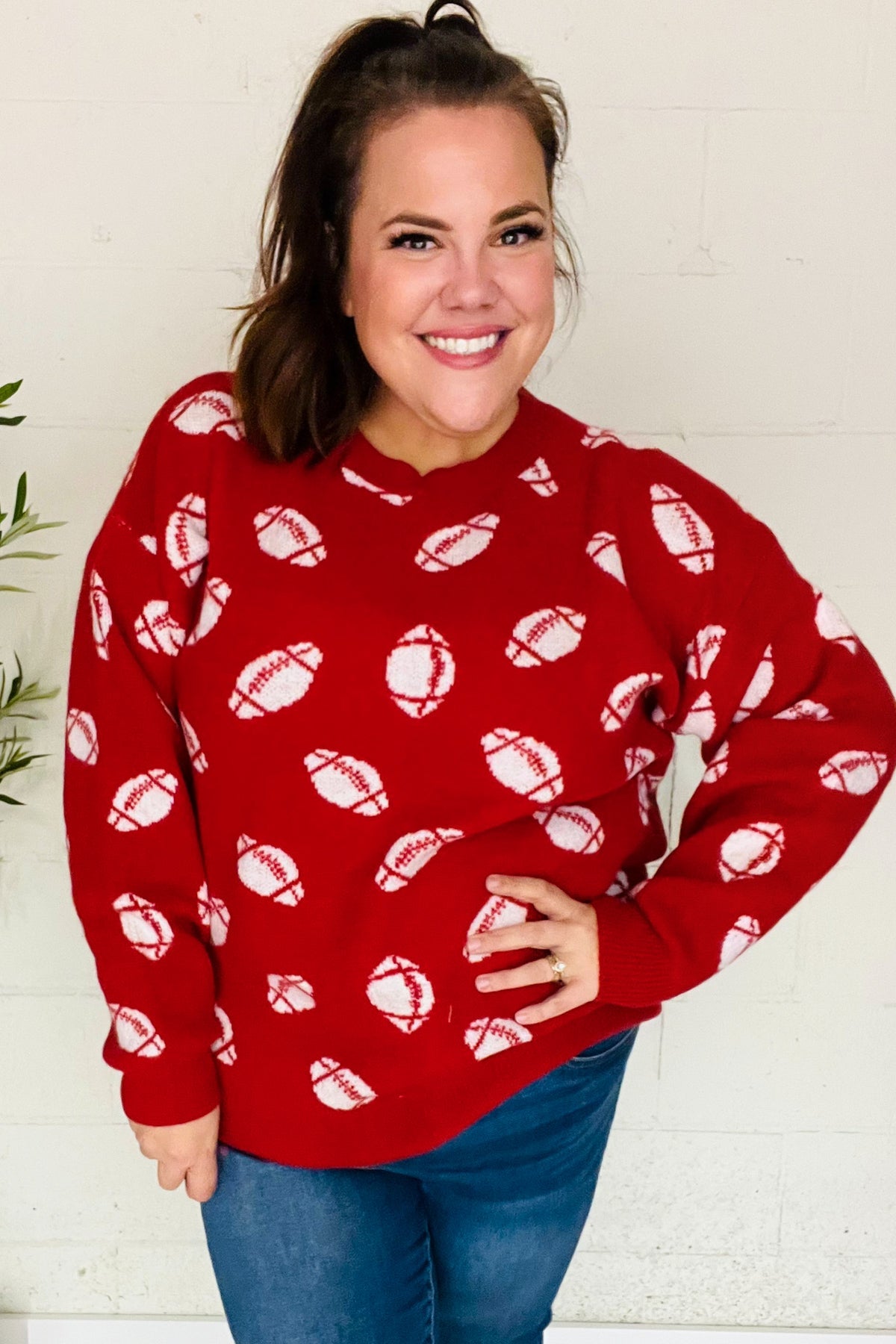 Game Day Red Football Print Jacquard Knit Sweater for Men - Cozy Team Spirit Pullover for NFL Fans, Tailgating & Winter Sports