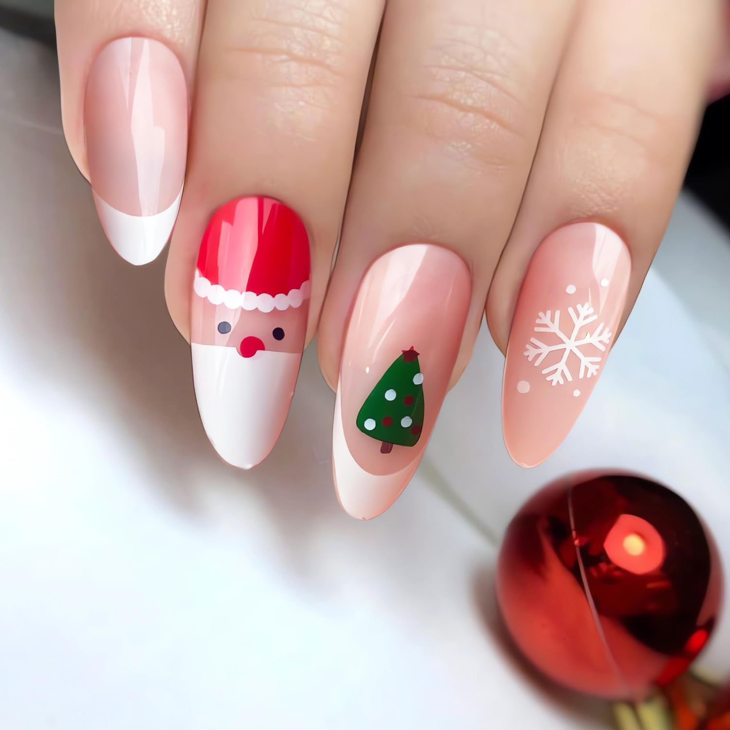 Christmas Press on Nails - 24Pcs Almond Shaped Fake Nails with Santa Claus, Snowflake & Christmas Tree Designs, French Tip Glue on Nails for Women Holiday Manicure - Perfect for Parties, Gifts & Festive Nail Art