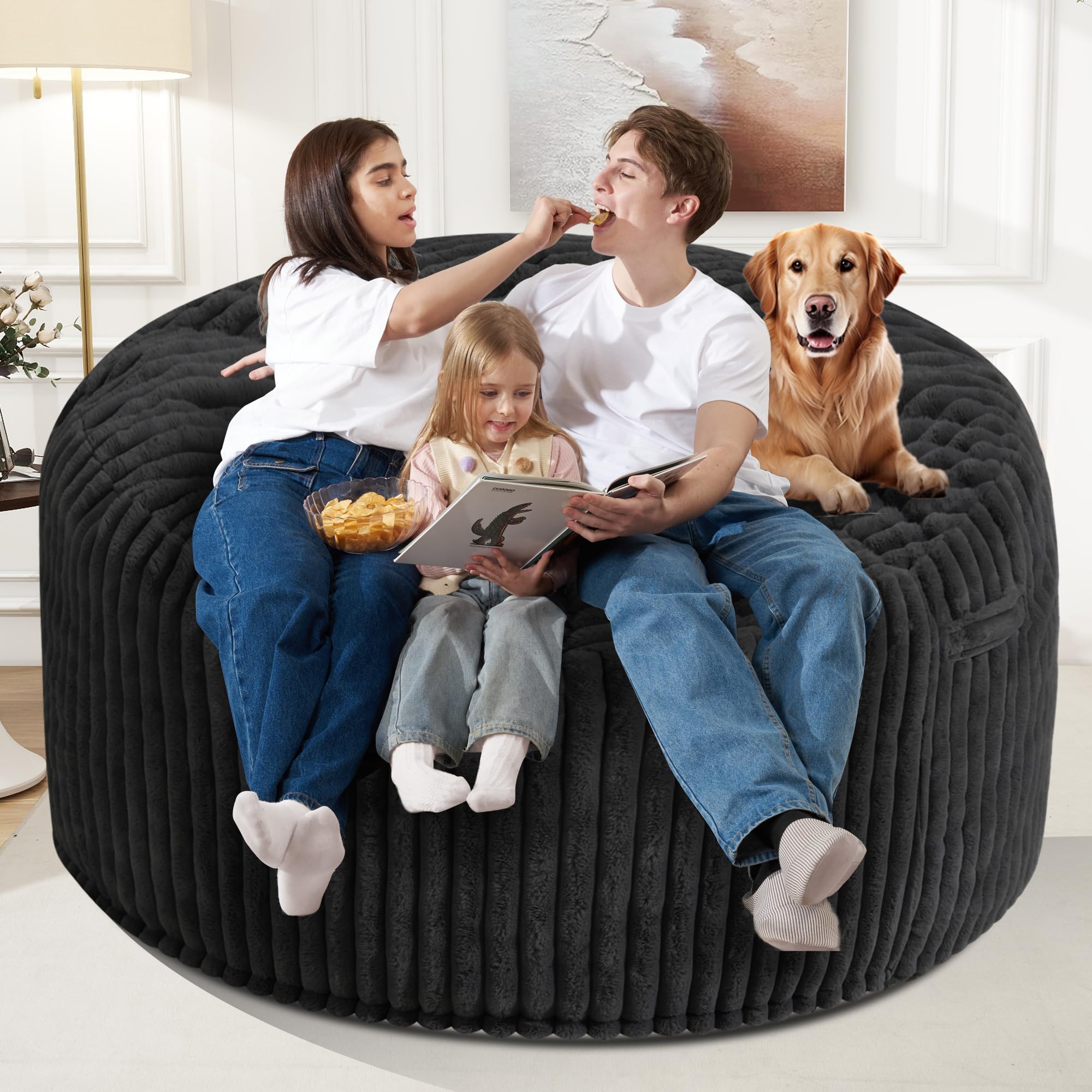 Homguava 6 FT Memory Foam Bean Bag Chair - Giant 6' Soft Plush Sofa with Dutch Corded Cover (Black) - Perfect for Living Room Lounging, Gaming, Movie Nights & Dorm Relaxation