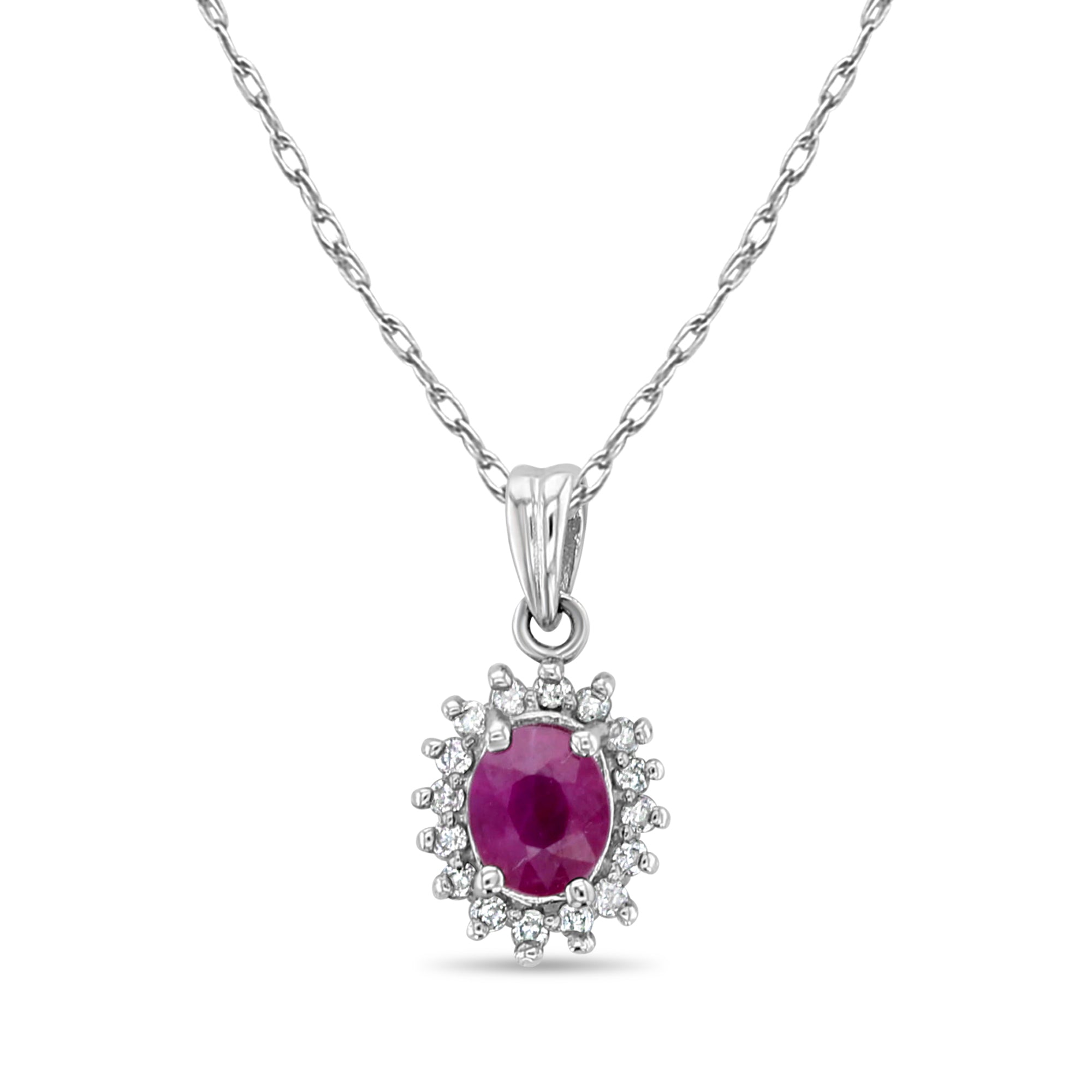 14k White Gold Oval Ruby and Diamond Halo Necklace - Elegant Jewelry for Weddings, Anniversaries & Special Occasions