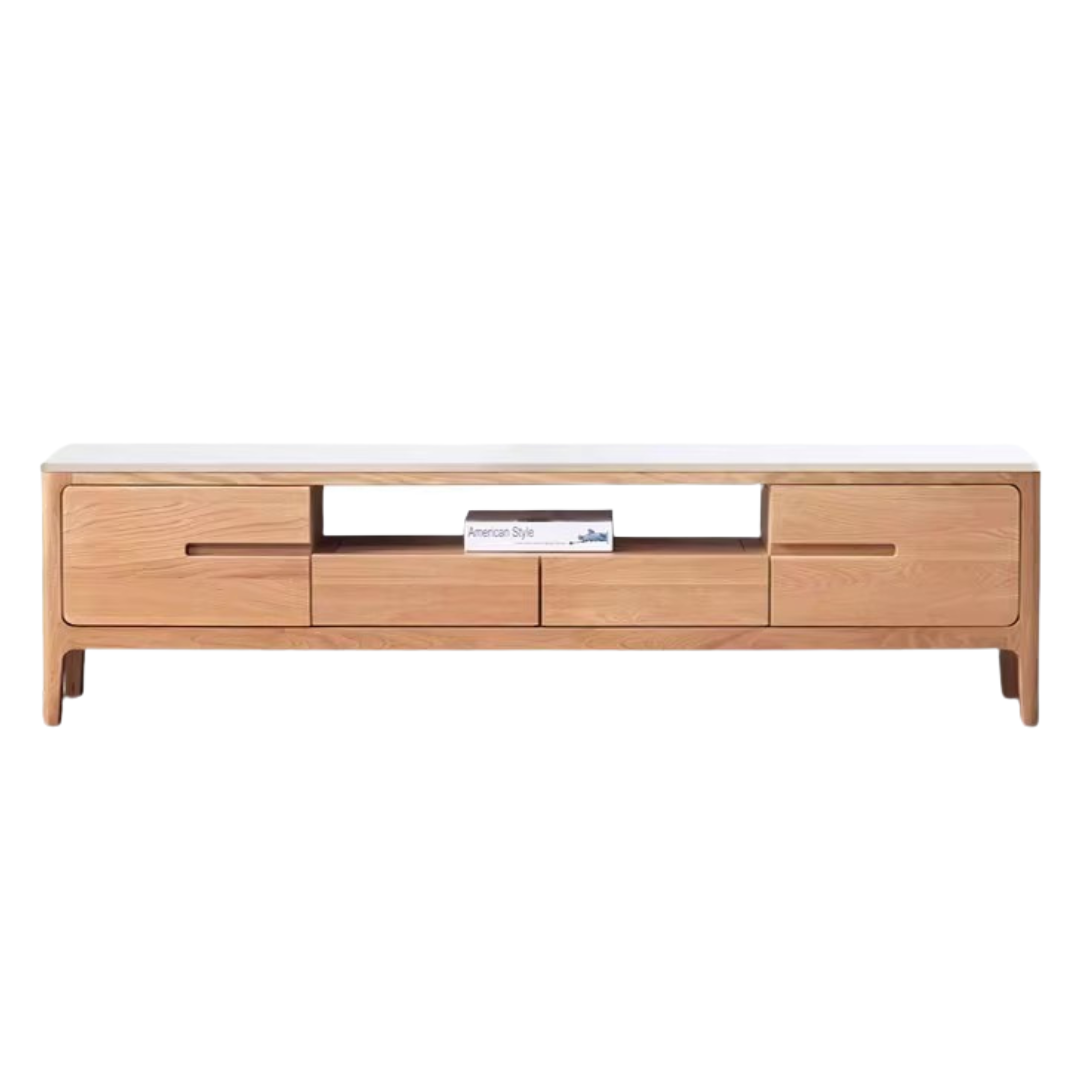 Solid Oak Wood TV Stand with Slate Top - Modern Entertainment Center for Living Room, Bedroom & Home Theater