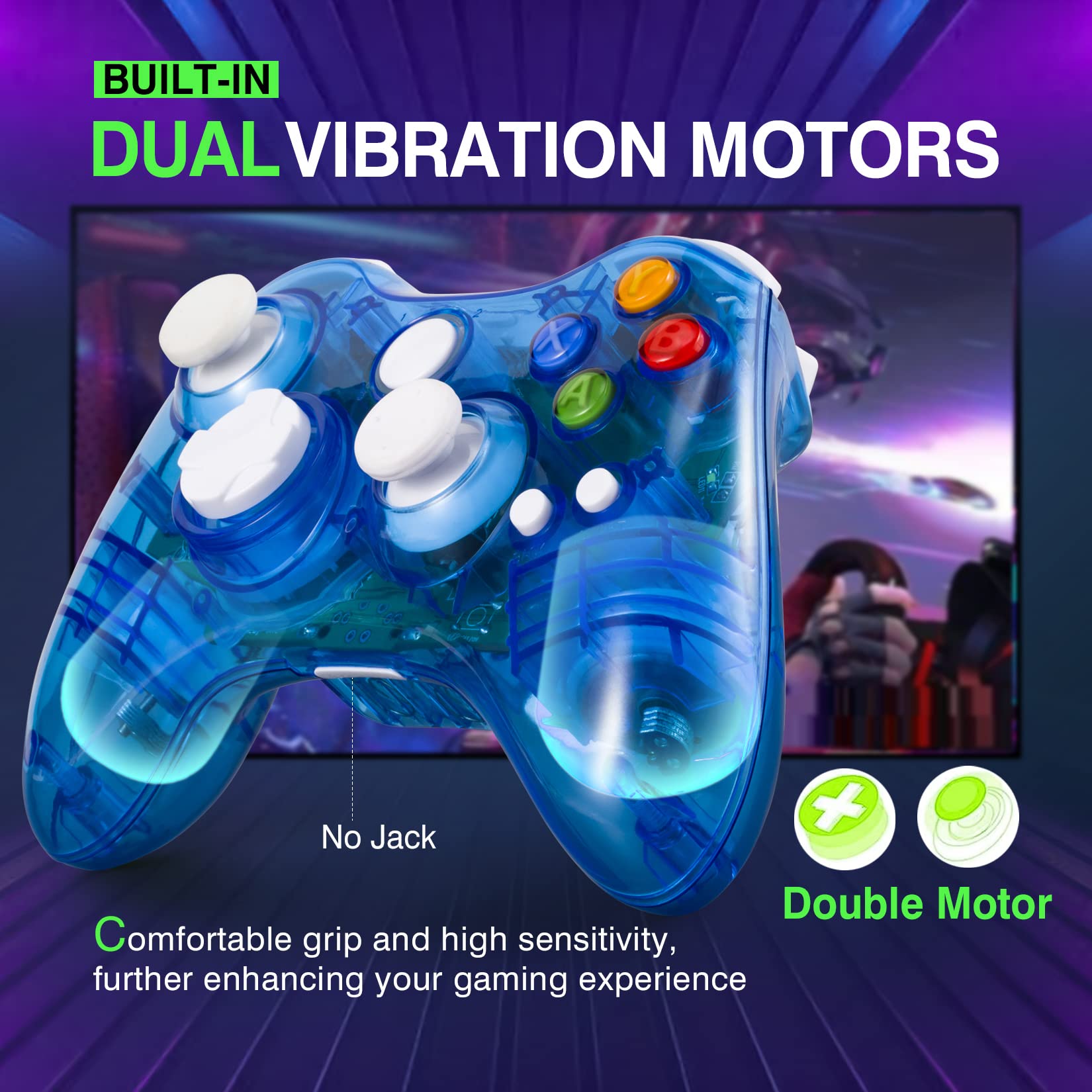 PAWHITS Wireless Xbox 360 Controller - LED Gamepad for Xbox 360 & PC - Enhanced Joystick & Vibration for Gaming (Blue)