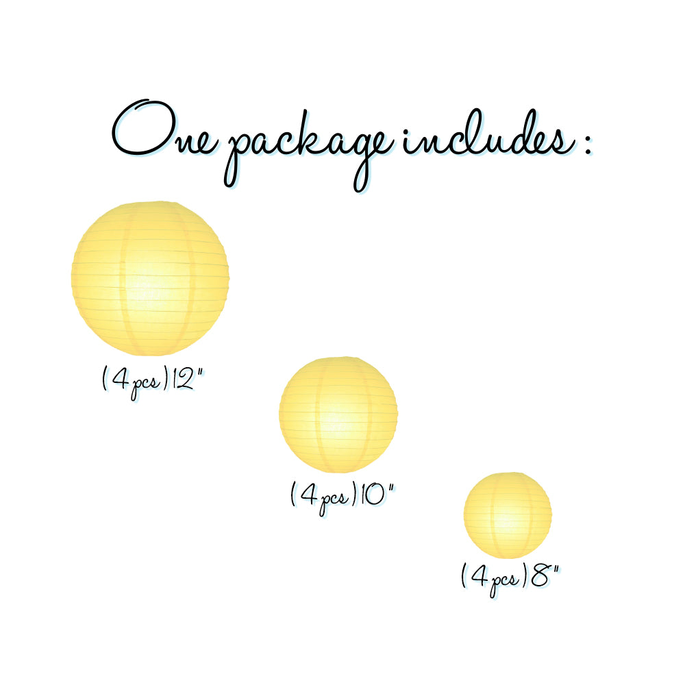 12-Piece Lemon Yellow Chiffon Paper Lantern Set - Chinese Hanging Decorations for Weddings, Parties & Events (12/10/8 Inch) - Perfect for Indoor/Outdoor Celebrations, Baby Showers & Home Decor