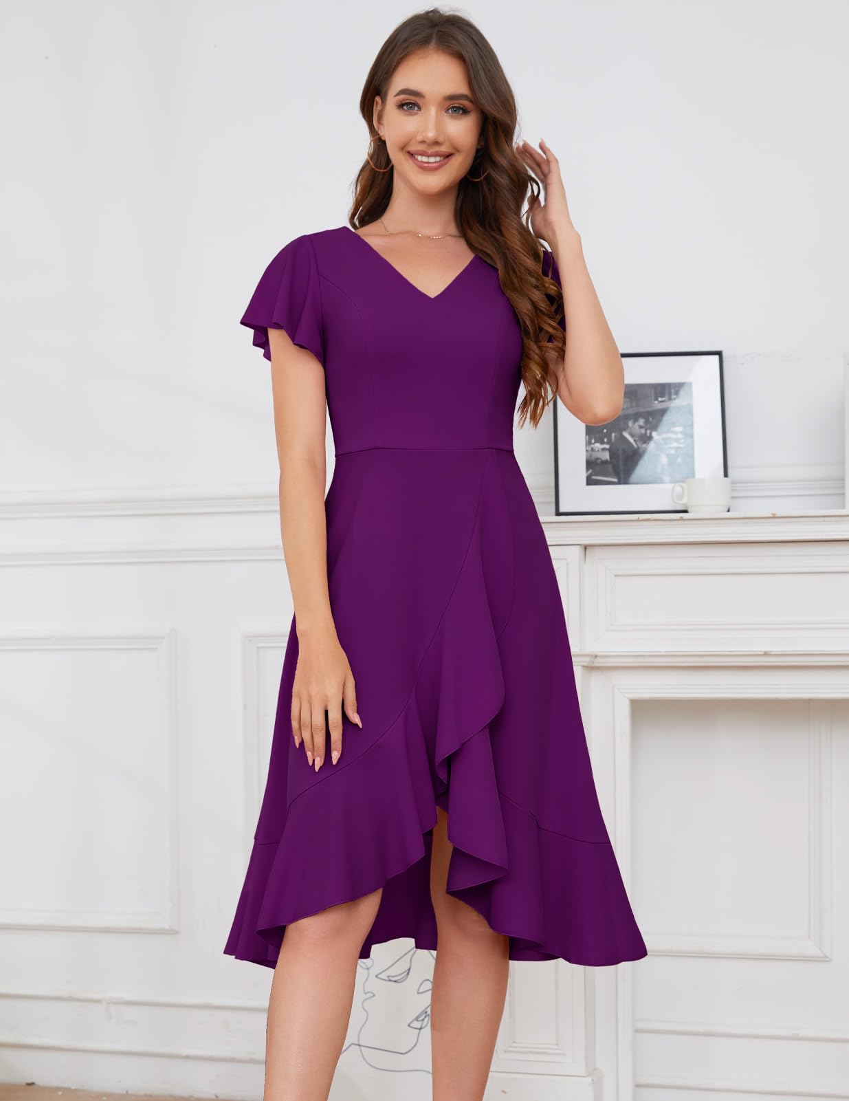 DRESSTELLS Women's Cocktail Dresses 2025 | Formal Wedding Guest Dresses, Ruffle Prom Party Evening Gown with V-Neck | Vintage Style for Bridal Shower, Anniversary Dinner & Special Occasions