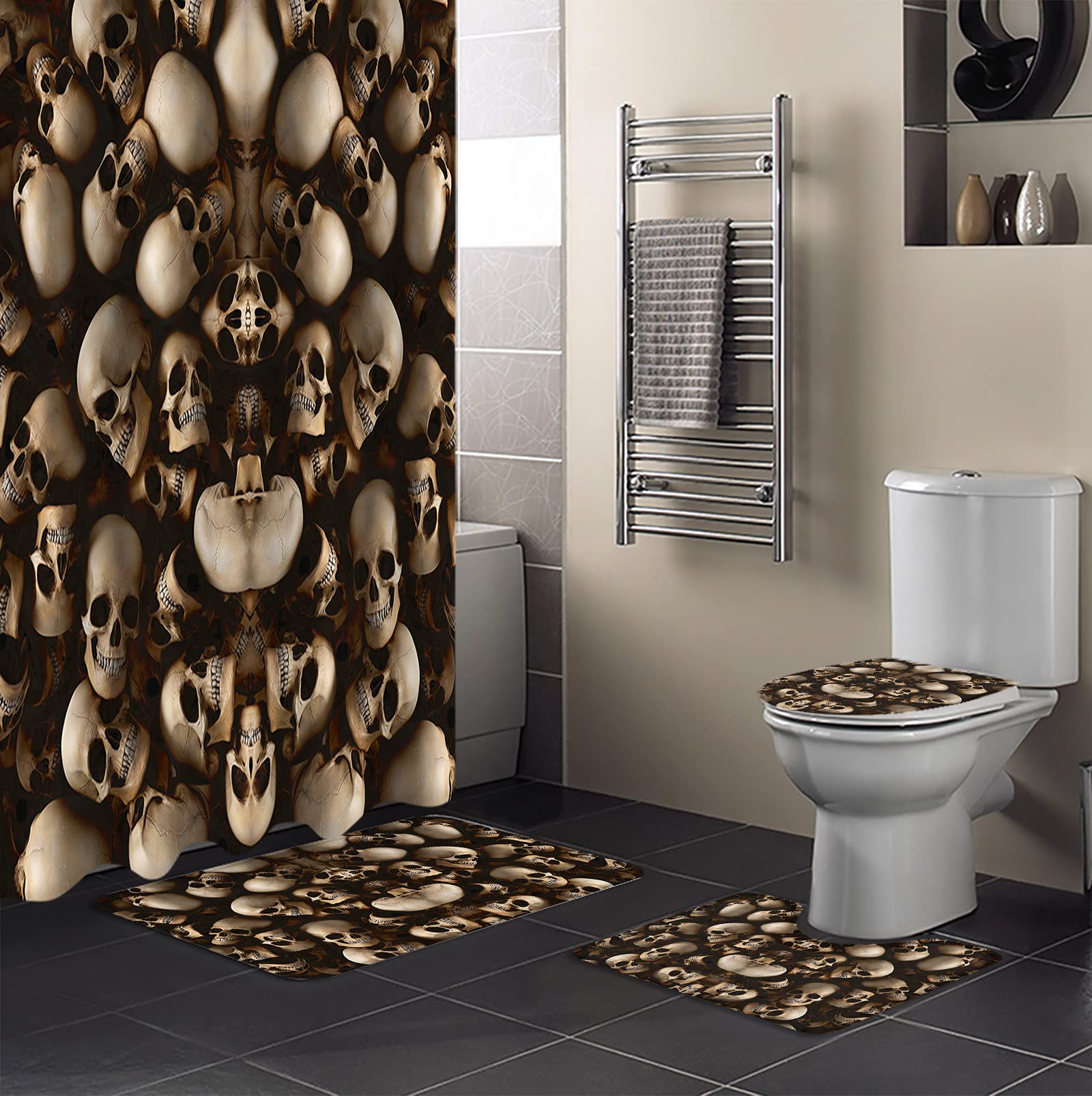 4-Piece Halloween Shower Curtain Set with Non-Slip Bath Mat, Toilet Lid Cover & Hooks - Spooky Skull & Skeleton Design, Waterproof & Durable for Bathroom Decor (Perfect for Halloween Party & Horror Theme Home Decor)