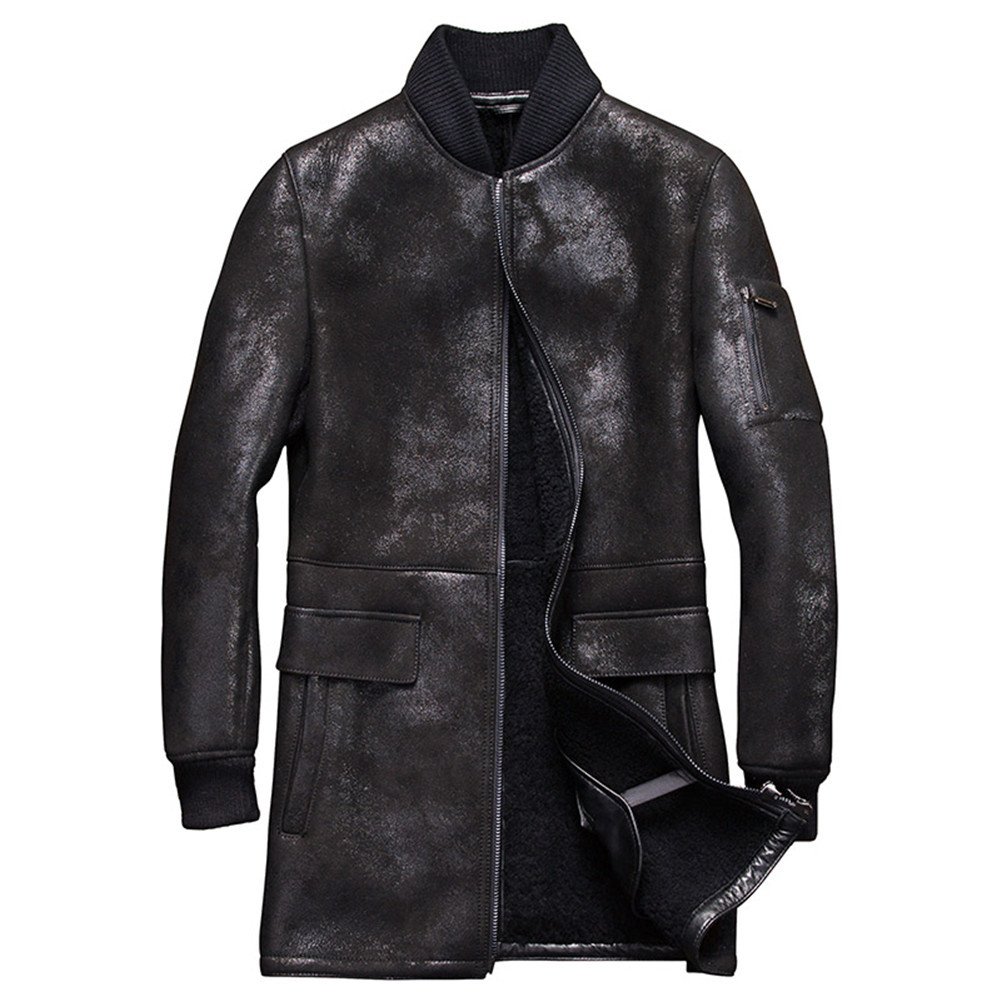 Men's Shearling Fur Coat - Long Baseball Jacket for Winter Fashion