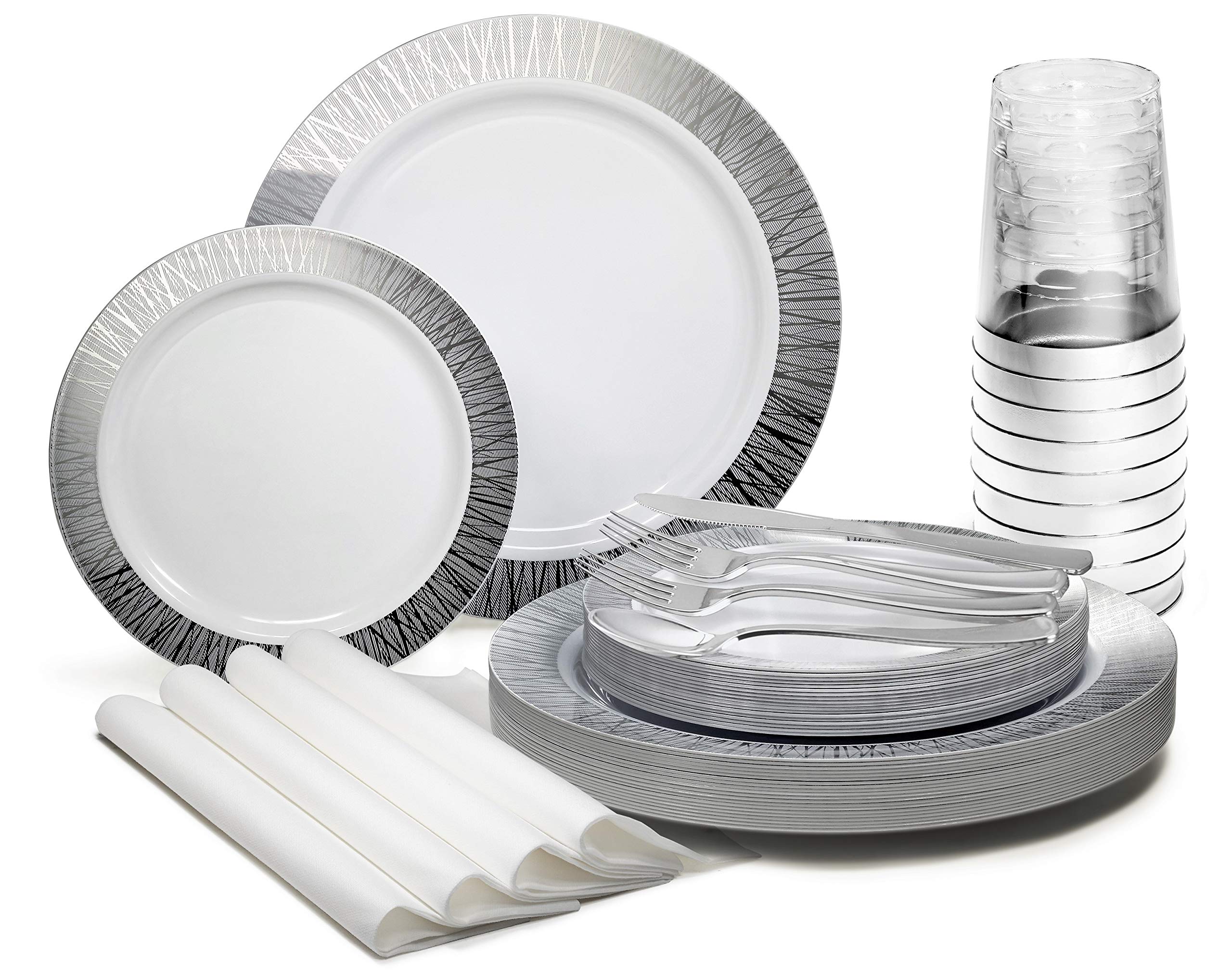 640-Piece Wedding Party Disposable Plastic Plate Set - 80 x 10.25'' Dinner Plates, 80 x 7.5'' Dessert Plates, Silverware, Cups & Napkins (White & Silver Starlight Theme) - Perfect for Weddings, Bridal Showers, Anniversaries & Formal Events