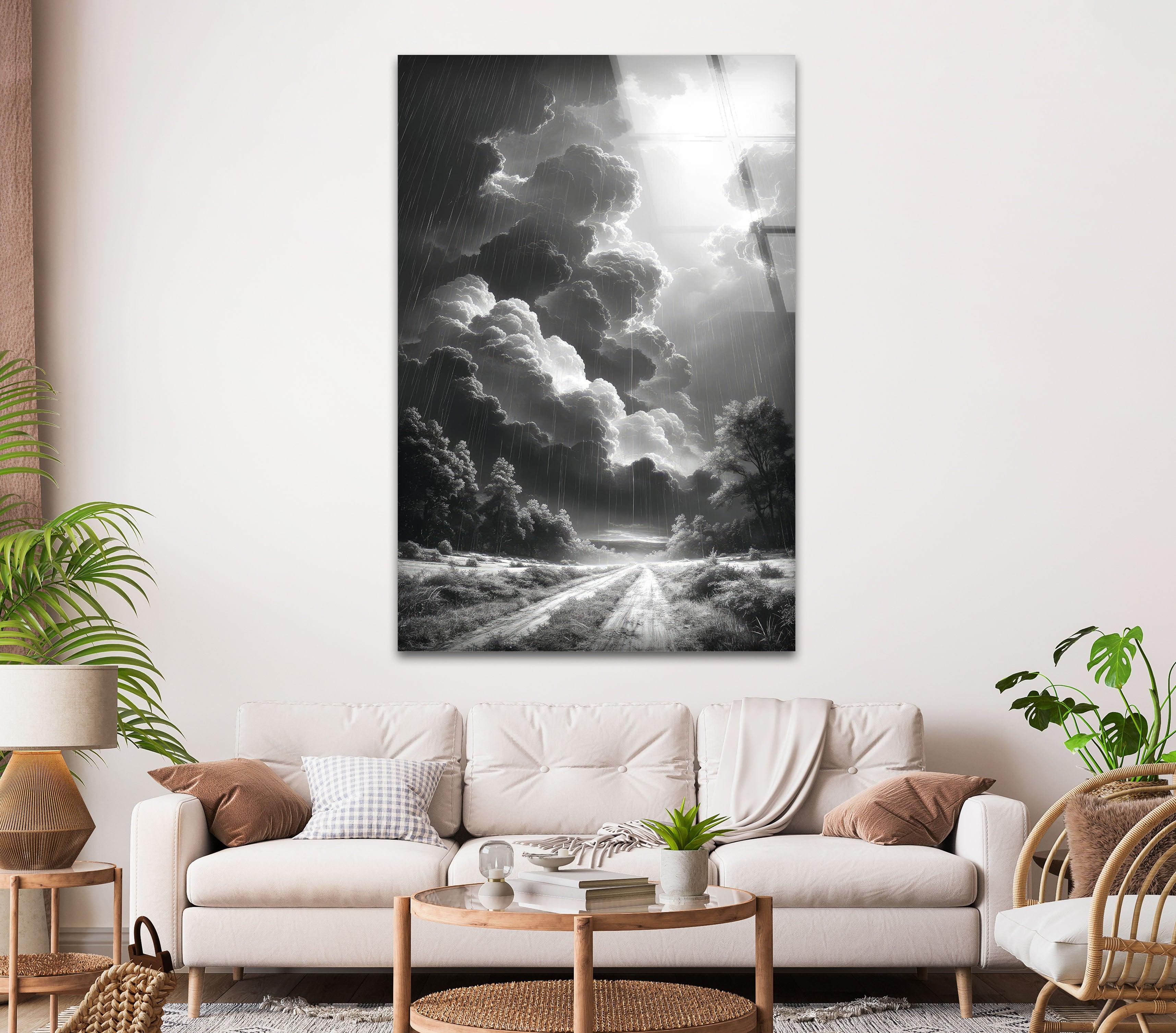 Black and White Storm Glass Wall Art - Dramatic Rainy Landscape Painting for Home & Office Decor - Perfect for Living Room, Bedroom, or Office Wall Decor