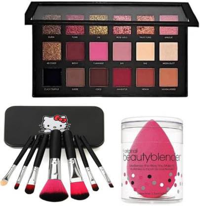 KAARM 18-Color Rose Gold Eyeshadow Palette with 7 Black Makeup Brushes & Beauty Blender Sponge - Perfect for Professional Makeup, Everyday Glam & Special Occasions