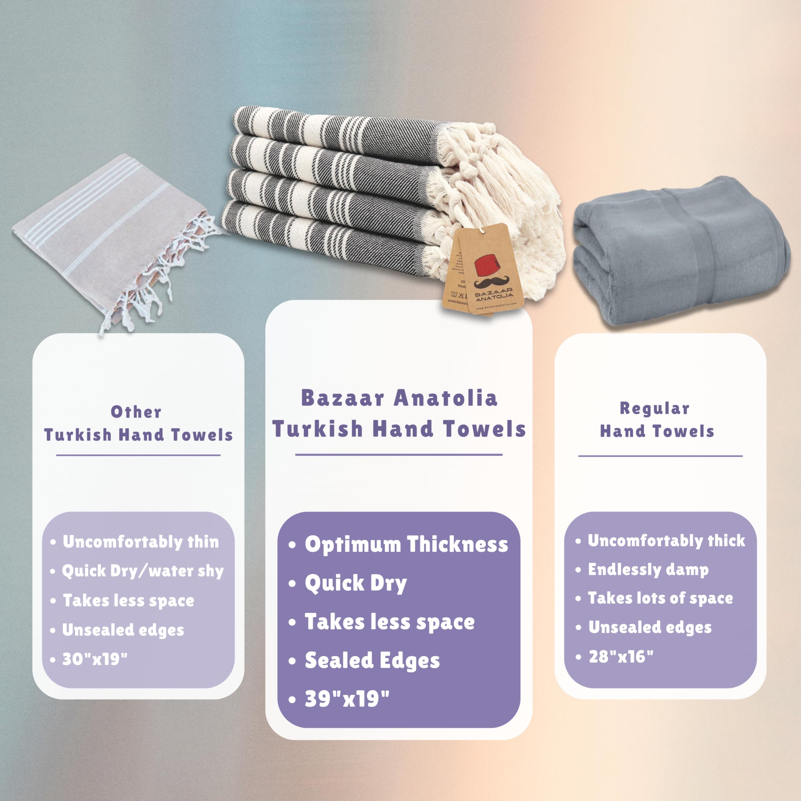 Bazaar Anatolia 100% Cotton Turkish Hand Towels Set of 4 - 39