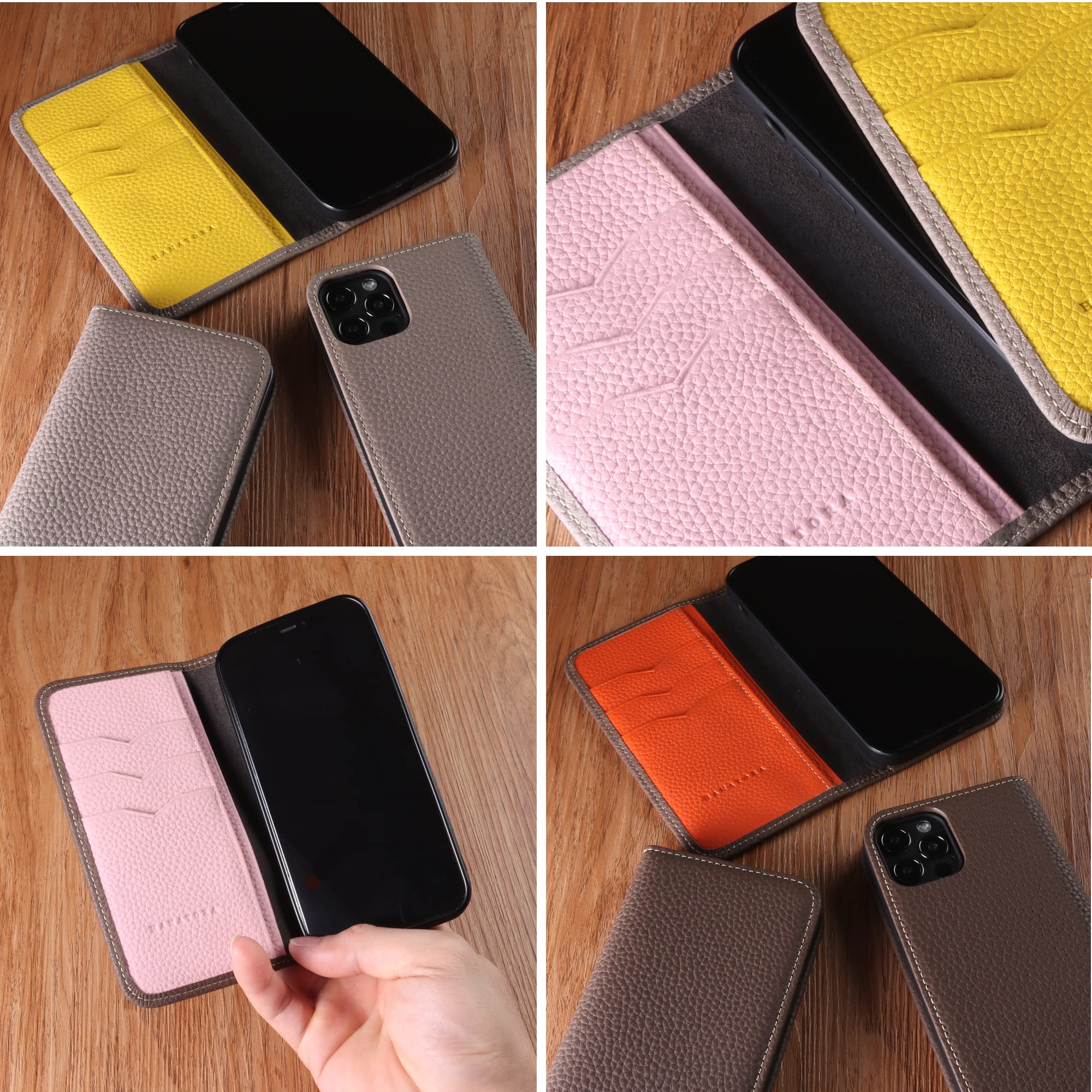 Genuine Calfskin Leather Wallet Case for iPhone 12/12 Pro with Magsafe - Flip Cover with Card Slots & Phone Holder (Greige & Pink) - Perfect for Everyday Use, Travel, and Business Meetings