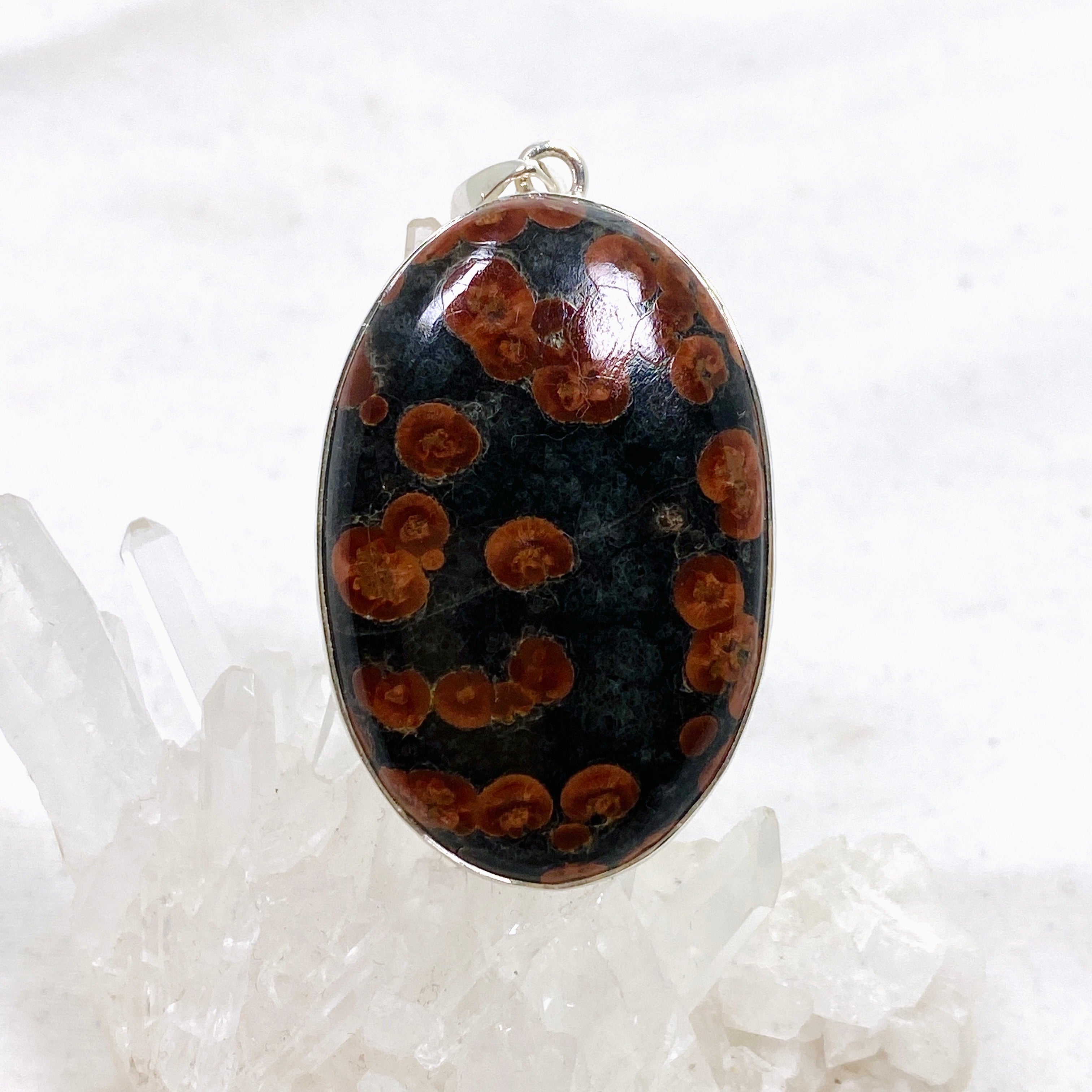 Natural Peanut Obsidian Perlite Oval Cabochon Pendant with Hammered Silver Setting KPGJ4769 - Elegant Handmade Jewelry for Women, Perfect for Gifts & Spiritual Healing