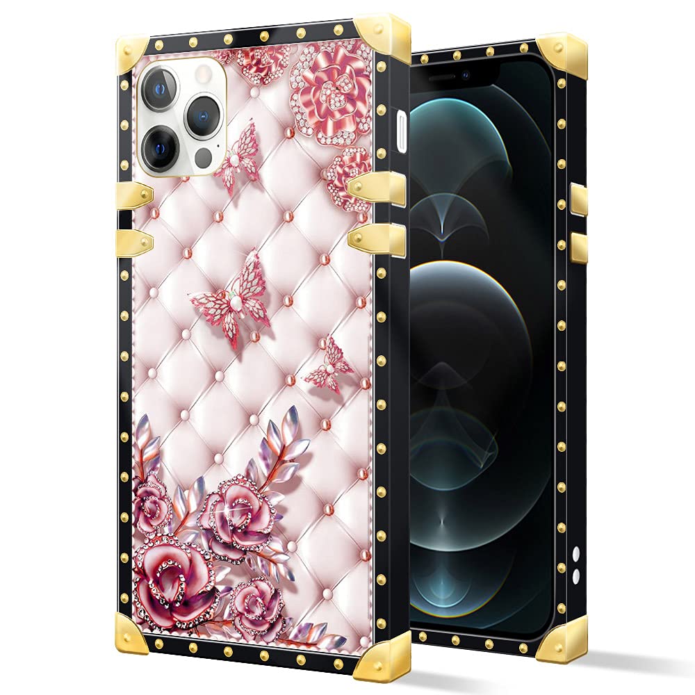 Luxury Metal Butterfly Pearl iPhone 13 Mini Case - Square Soft TPU Bumper Phone Cover for Women & Girls (5.4-inch) | Elegant Protection for Daily Use, Work & Special Occasions
