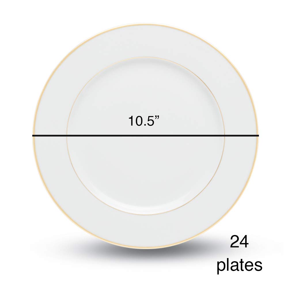 10.5 Inch Gold Rim Dinner Plates Set of 24 - Elegant Double Banded Charger Plates for Wedding, Party & Formal Dining - Dishwasher Safe Porcelain Dinnerware