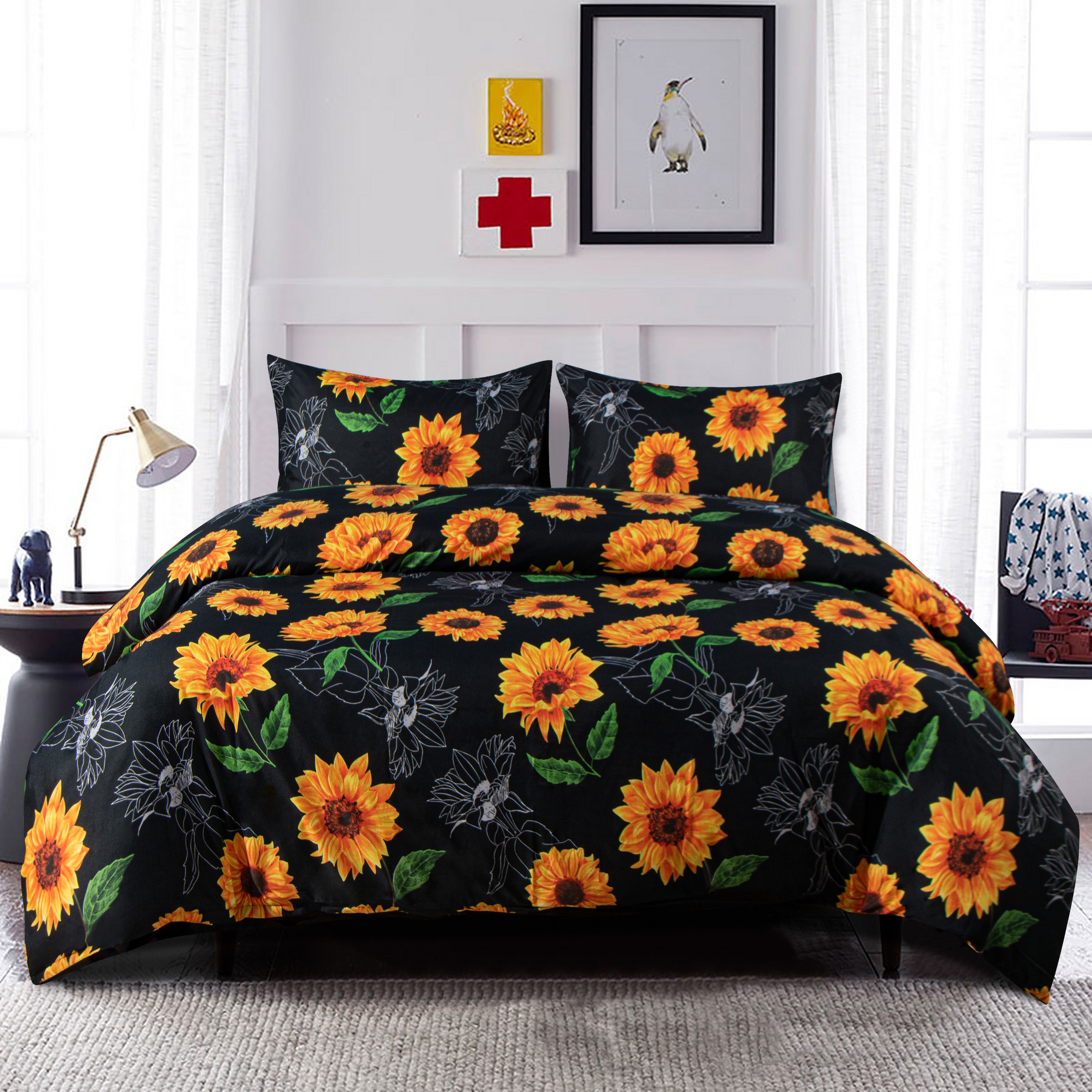 NTBAY Queen Duvet Cover Set - 3 Piece Sunflower Printed Bedding Set with Pillow Shams, Soft Microfiber Duvet Cover for Girls Women Teens, Perfect for Bedroom Decor, Home & Hotel Use