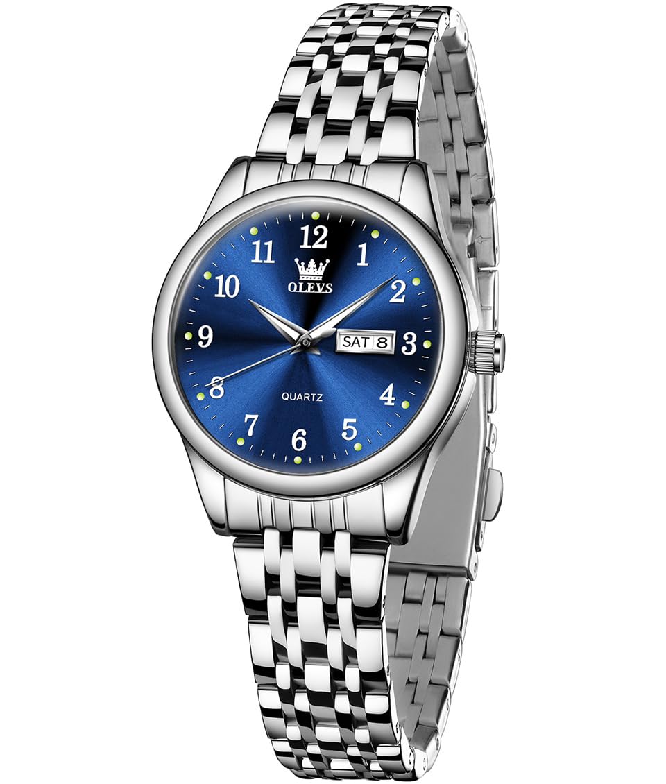 OLEVS Women's Luxury Analog Quartz Watch - Stainless Steel Silver Waterproof Dress Watch with Arabic Numbers for Small Wrists (White/Blue/Black) | Perfect for Office, Formal Events & Everyday Elegance