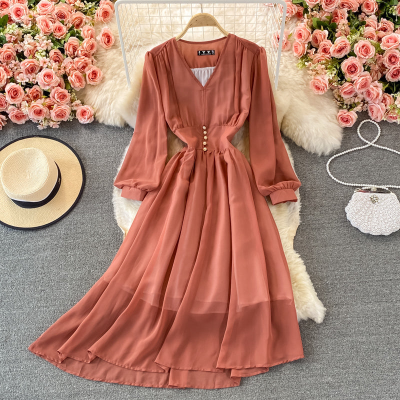 Vintage French Style Autumn Chiffon Dress with Puff Sleeves, High Waist & V-Neck - Elegant Retro Long Skirt for Fall Weddings, Date Nights and Office Wear