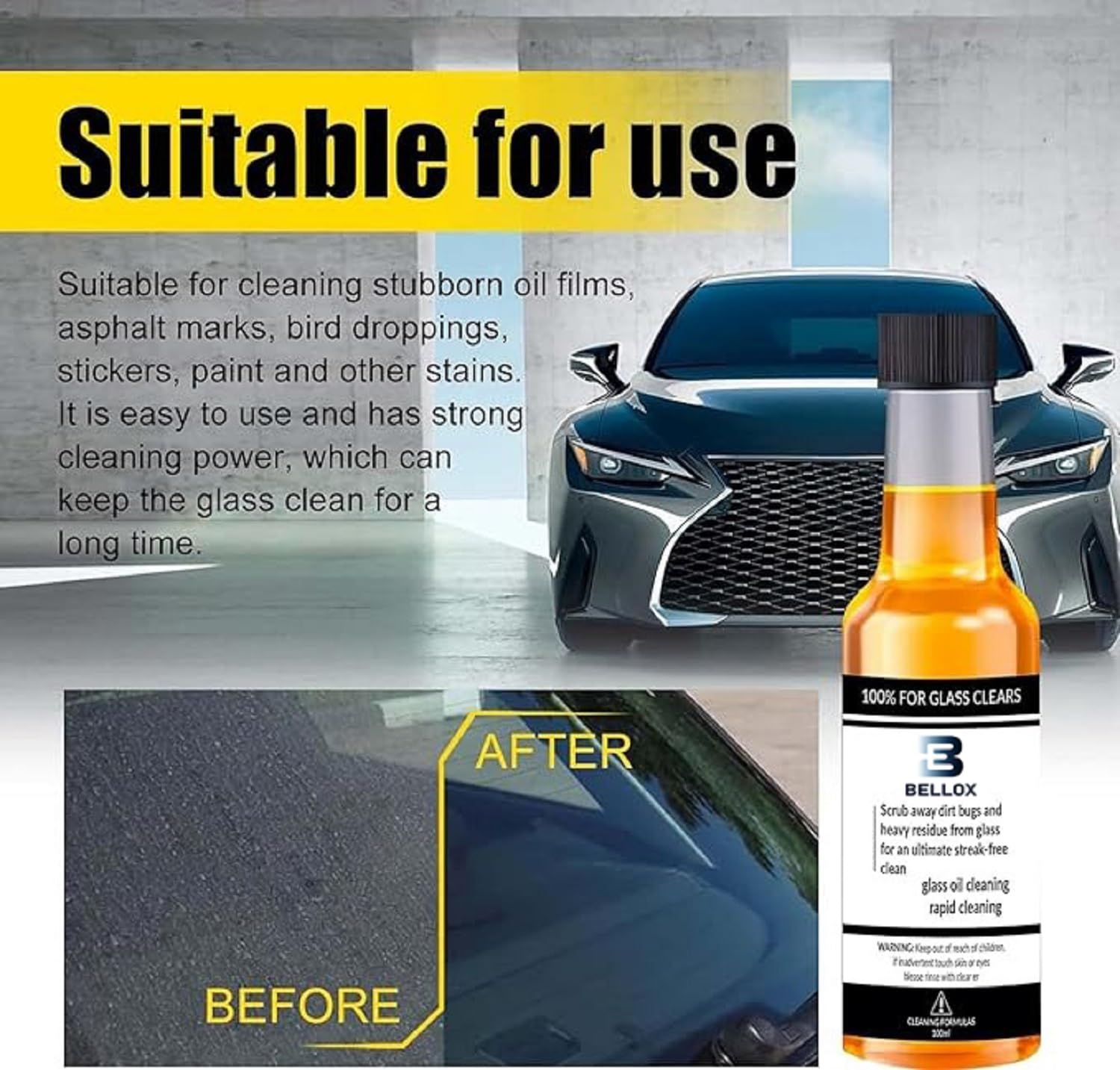 BELLOX Car Windshield Glass Cleaner with Sponge | Oil Film & Water Spot Remover for Auto & Home Windows | Streak-Free Cleaning Solution, 100ml (Pack of 2) | Perfect for Cars, Trucks, Mirrors & Glass Tables