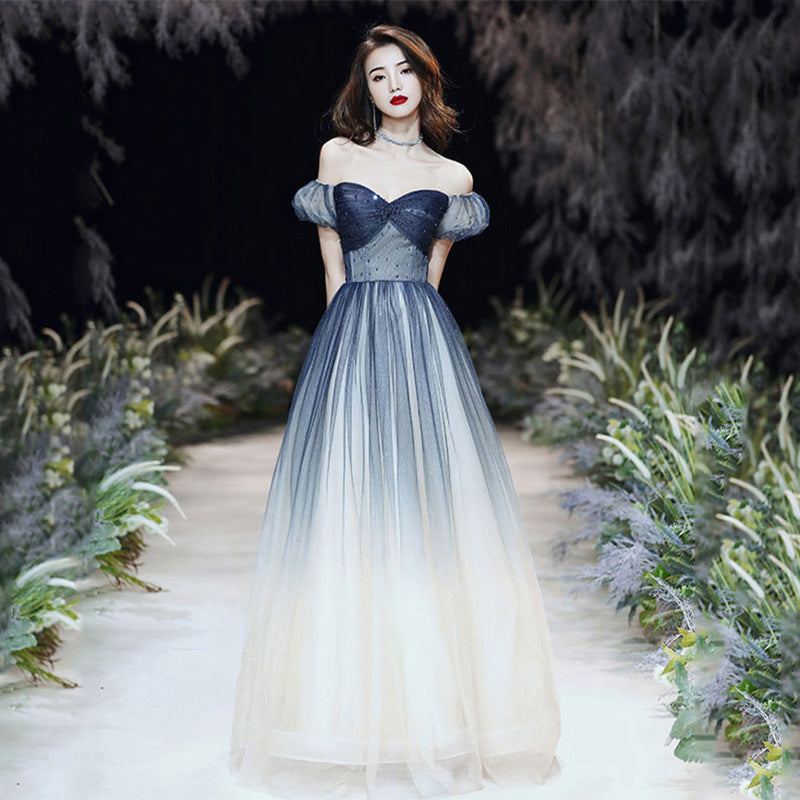 Gradient Blue A-Line Long Prom Dress with Off-Shoulder Neckline - Elegant Formal Evening Gown for Women (Size 130) - Perfect for Homecoming, Prom Night & Black Tie Events