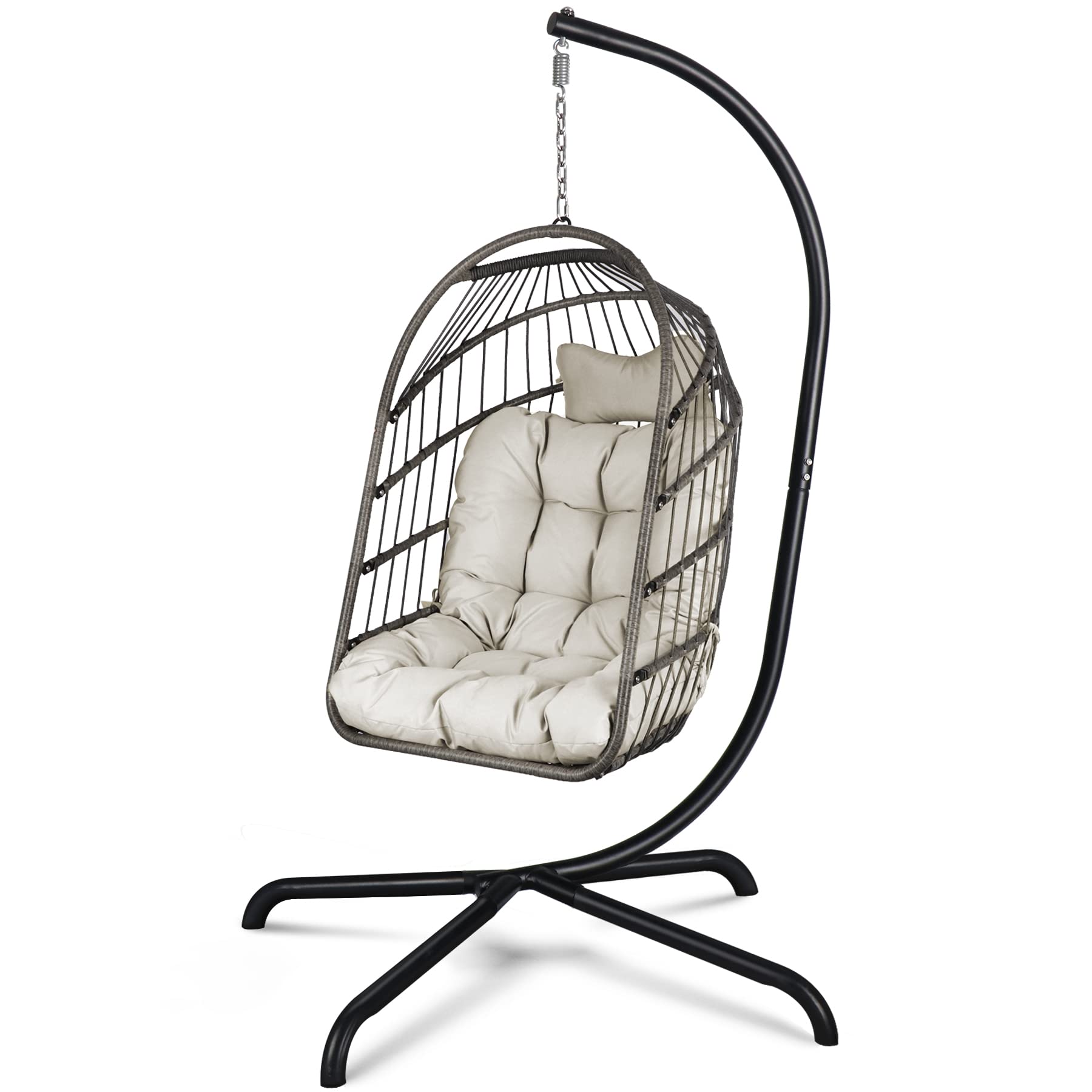 Chihee Foldable Wicker Rattan Swing Egg Chair with Stand & Cushion - 330 lbs Capacity Indoor/Outdoor Hanging Chair for Patio, Balcony, Porch, Bedroom & Garden - Perfect for Relaxing, Lounging & Reading