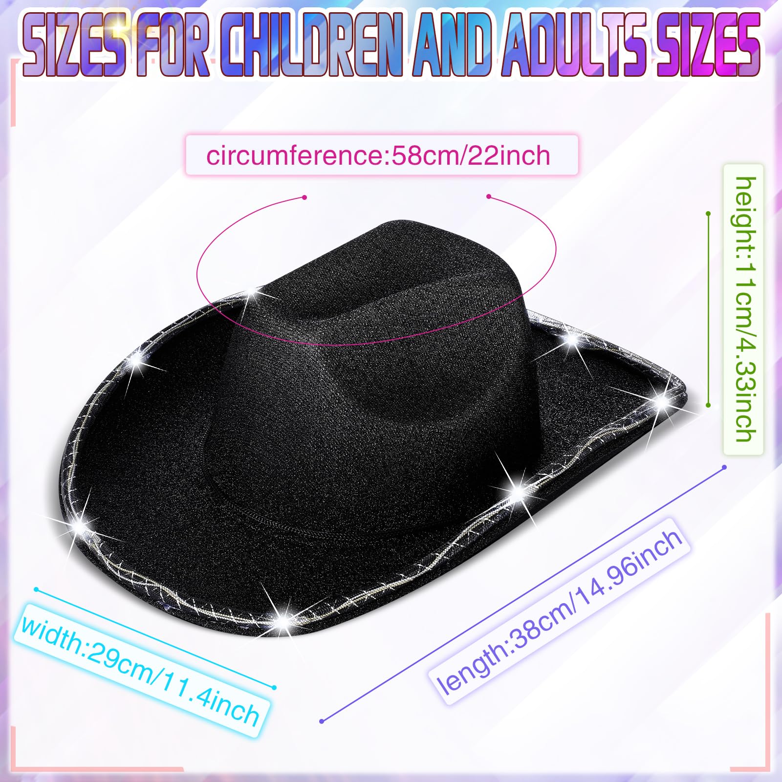 LED Cowboy Hat 10 Pack - Flashing Cowgirl Hat for Western Role Play & Parties