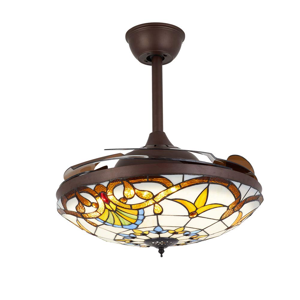 42 Inch Tiffany Style Ceiling Fan with LED Light and Remote Control - 3 Speed Adjustable, Retractable Blades - Perfect for Living Room, Bedroom, and Dining Room