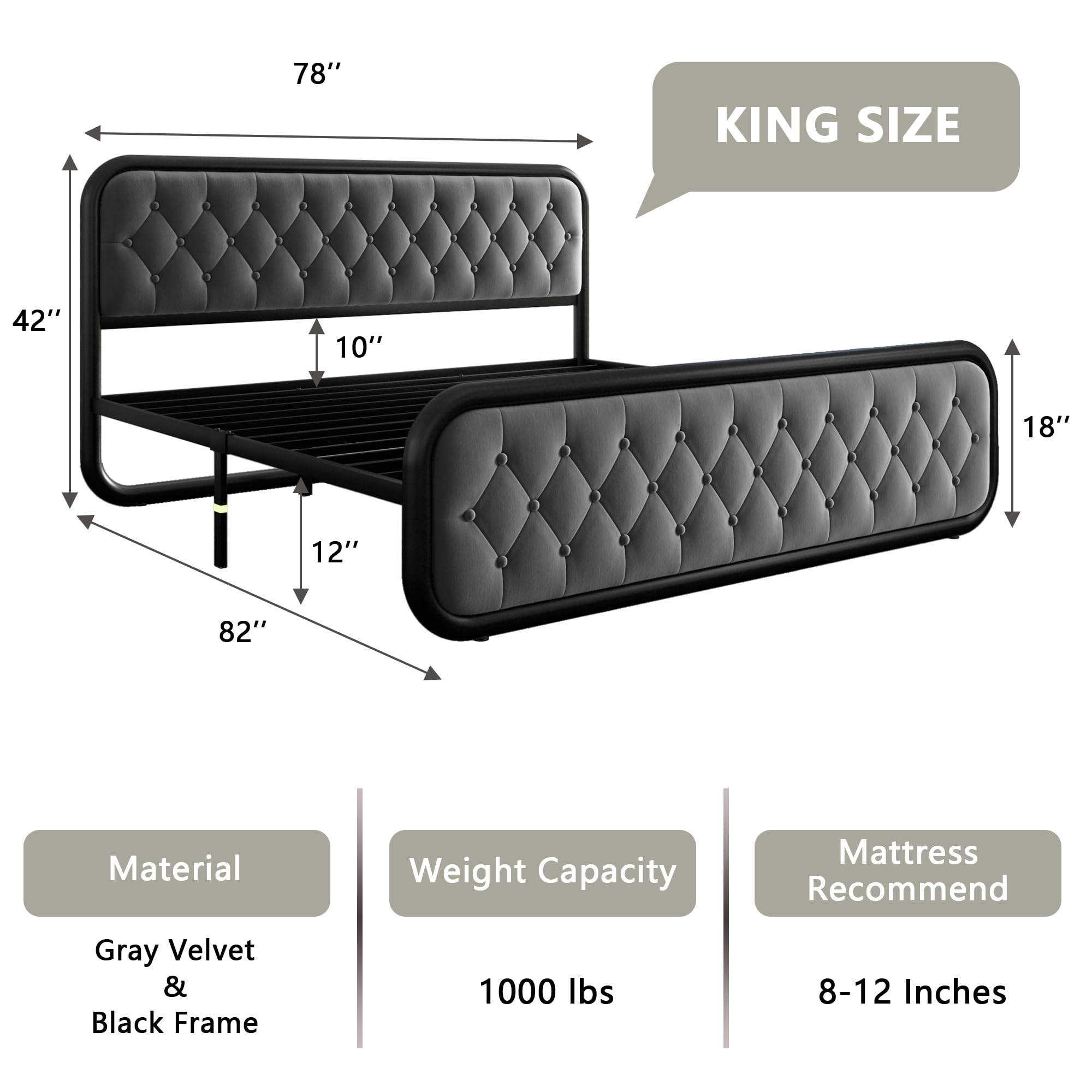 Feonase King Size Bed Frame with Upholstered Platform & Button Tufted Headboard - Modern Sturdy Metal Slat Support, 12