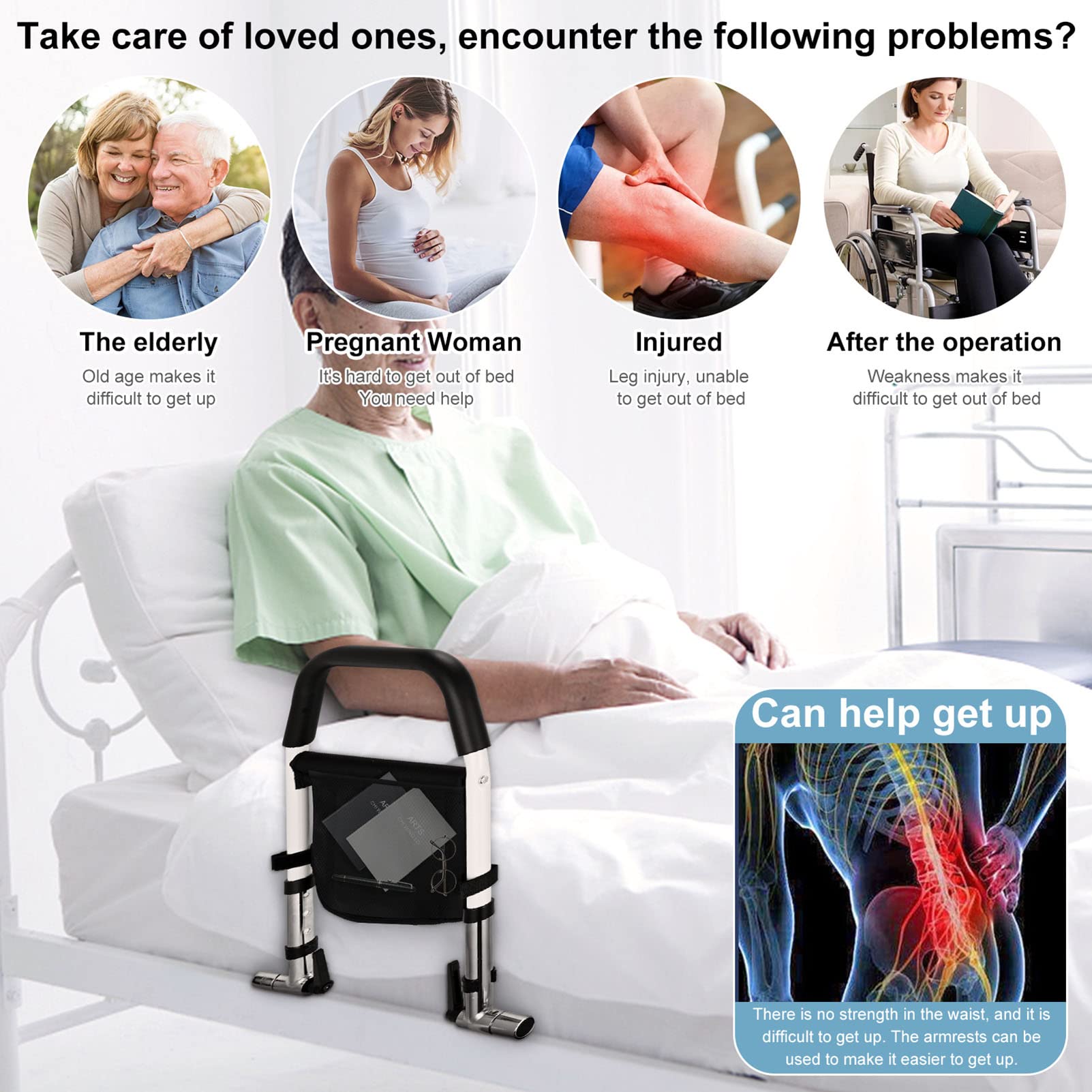 Elderly Bedside Guardrail - Adjustable Bed Safety Rail for Seniors & Adults with Storage Pocket - Bed Assist Grab Bar Handle for Fall Prevention - Perfect for Home Care, Hospitals & Assisted Living Facilities