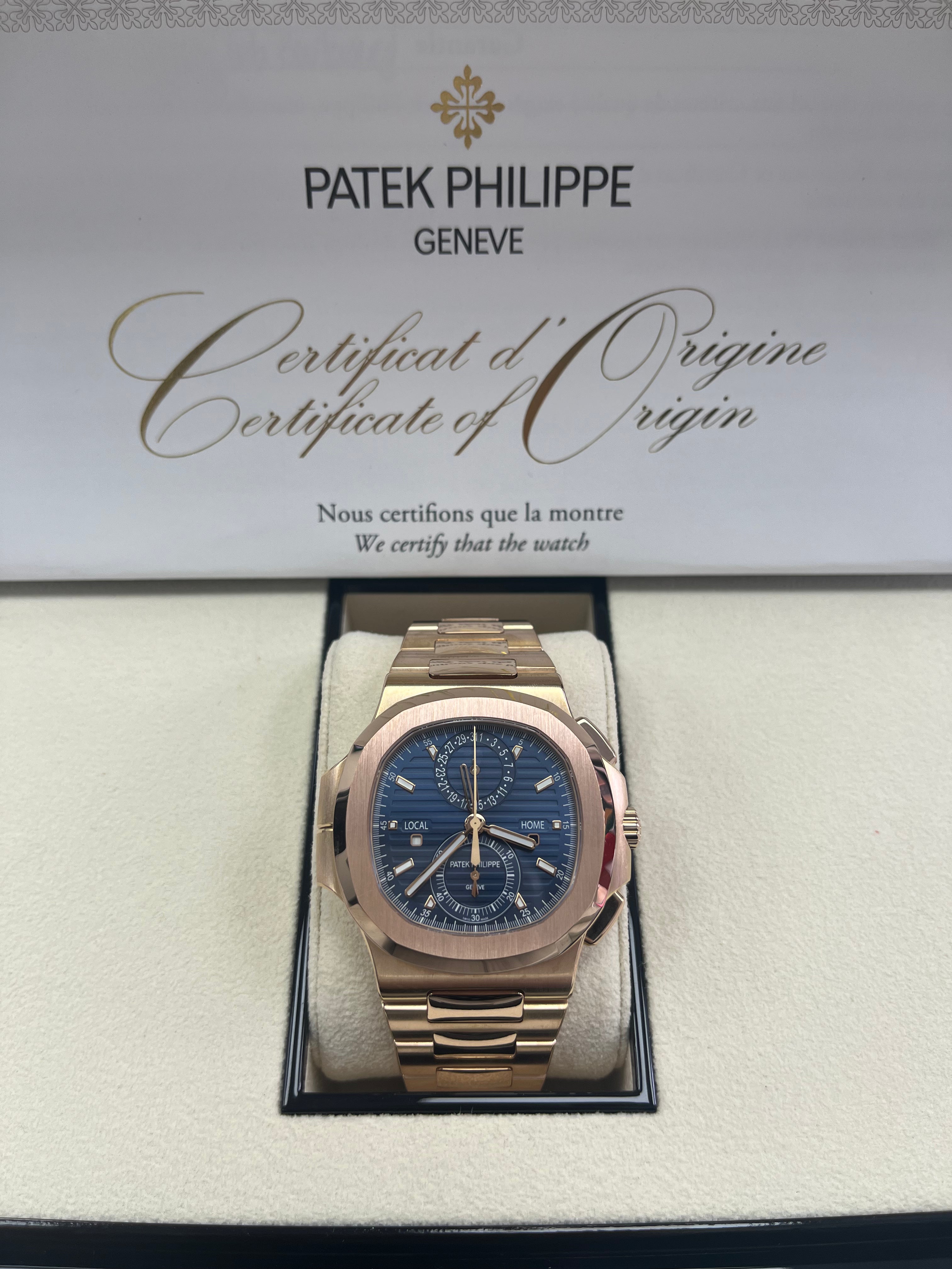 Patek Philippe Nautilus 5990/1R 001 Rose Gold Travel Time Chronograph Watch - Luxury Men's Automatic Timepiece for Business Travel & Formal Occasions