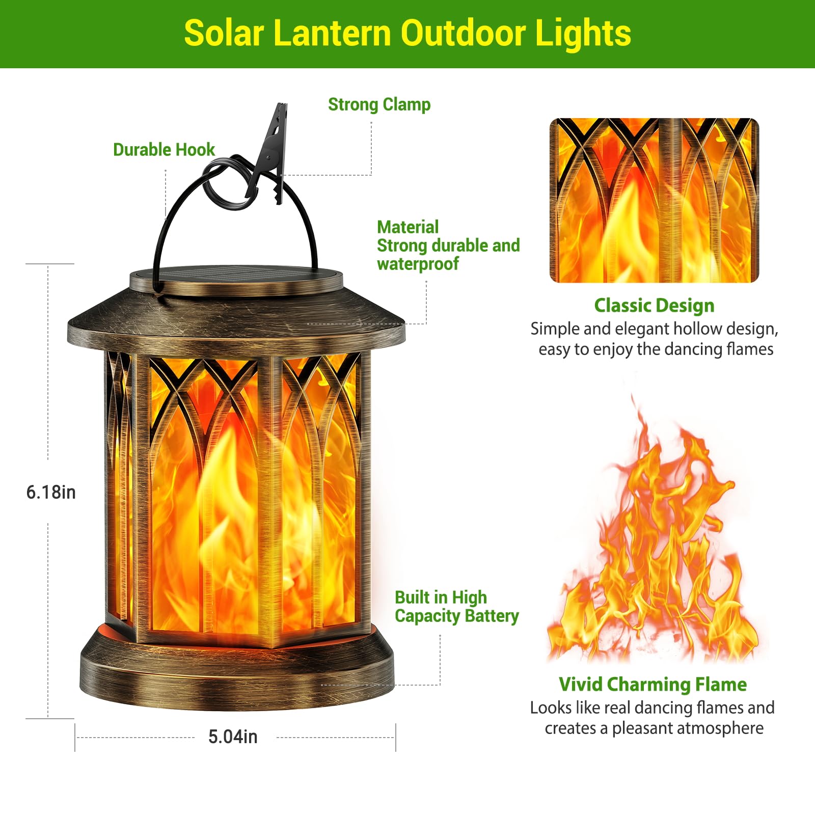 KOOPER 2 Pack Solar Hanging Lanterns with Flickering Flame Effect - Waterproof Outdoor Solar Lights for Yard, Garden, Patio Decor - Auto On/Off Bronze Solar Lanterns - Perfect for Backyard, Pathway, and Porch Lighting