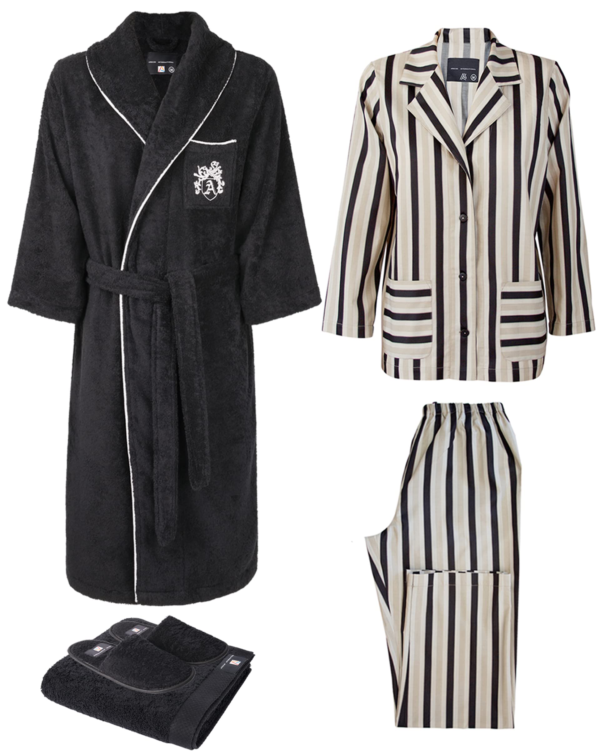 Luxury Women's Sateen Striped Pajama Set with Lounge Robe & Slippers - Soft Hand Towel Included | European Crafted Sleepwear for Comfortable Nights & Relaxing Mornings | Perfect for Gift Giving, Spa Days & Cozy Evenings at Home