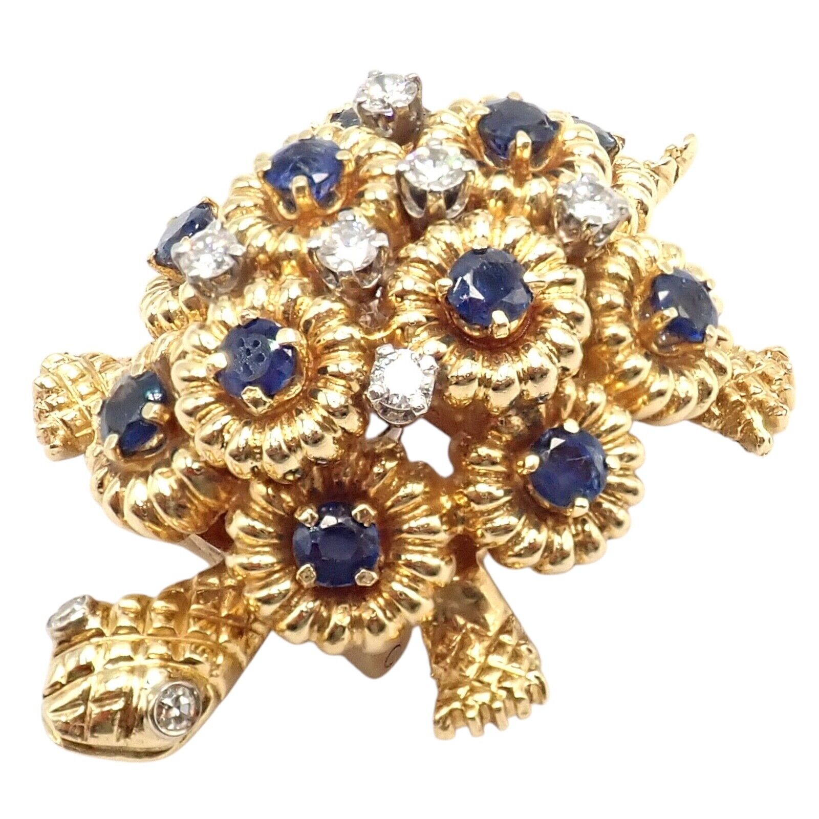Authentic Tiffany & Co. 18k Yellow Gold Turtle Diamond Sapphire Brooch Pin - Vintage Luxury Jewelry Gift for Women, Perfect for Weddings & Special Occasions