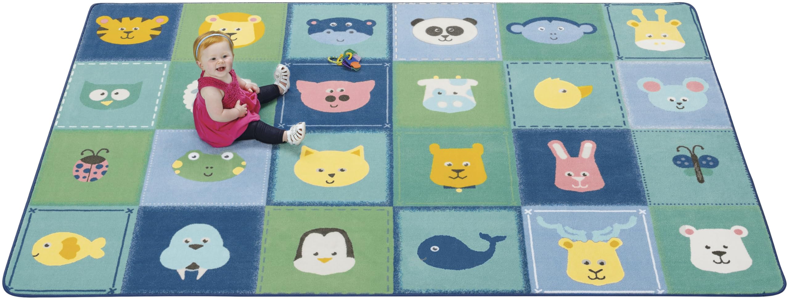 Soft Blue 6ft x 9ft Rectangle KIDSoft Animal Patchwork Nursery Rug - Non-Slip Playroom Carpet for Kids, Perfect for Baby Rooms, Daycare Centers & Toddler Play Areas